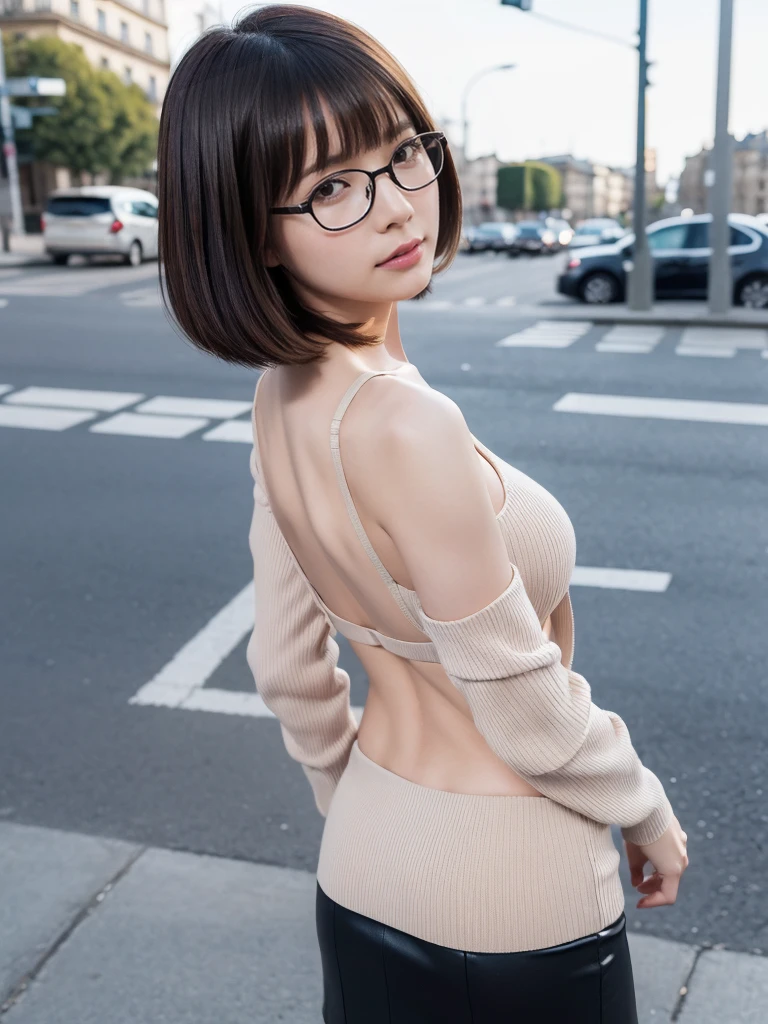 Photo of a beautiful woman standing on a street corner, (masterpiece:1.2, highest quality), (Realistic, photoRealistic:1.4), Beautiful illustrations, (Natural Side Lighting, Cinema Lighting), Written boundary depth, Beautiful thighs staring at the viewer, accurate, Anatomically correct, Highly detailed face and skin texture, (((Upper body selfie))),  1 female, A woman is photographed alone, 30-year-old, thin, slender, small breasts!!!, full bangs bob, Forehead, different hairstyles, thin, slender, (((glasses))), casual clothes, sweater, sexy pencil skirt, seductive smile, new frog style, Turn your butt towards the camera, ((show your back)), ((protruding buttocks)), Paris on a clear day with park in the foreground, portrait, (breast focus), (looking at the floor), (looking to the side), (looking at another:1.4), (medium shot), from front, standing