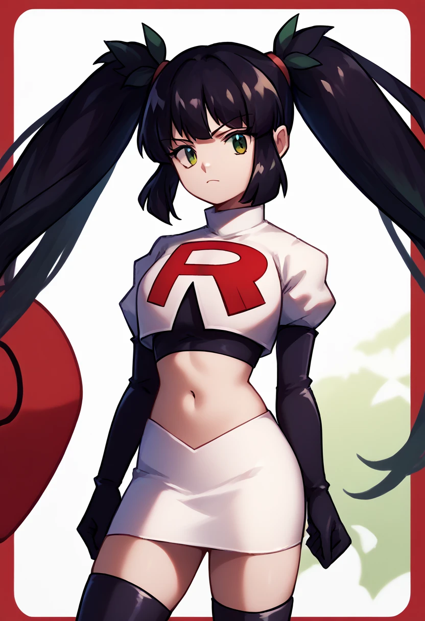 score_9, score_8_up, score_7_up, source_anime, solo, 1girl, steamdeck, looking at viewer, twintails, team rocket,team rocket uniform,white skirt,red letter R,crop top,black thigh-highs,black elbow gloves, cowboy shot