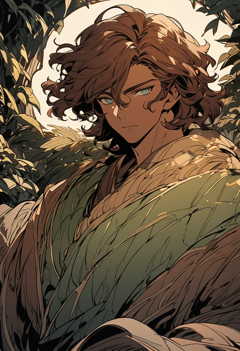  male character. His skin should have warm reddish brown tones . your hair is dark, with bulky threads ,  His eyes have a deep amber glow , almost golden.  He wears clothes made of natural fabrics in shades of dark green and brown . art style: smooth and detailed lines ,  with a magical and natural atmosphere .