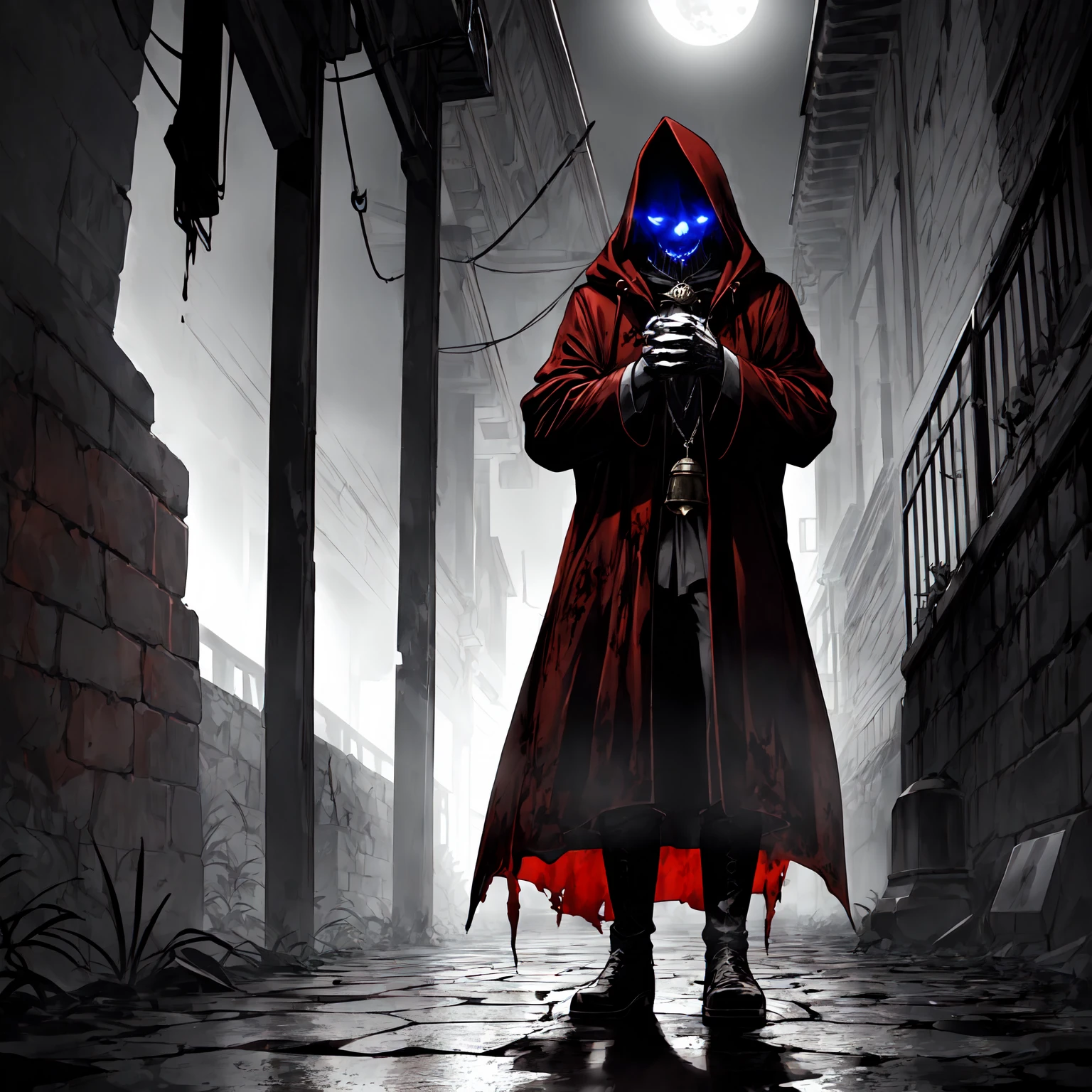 An eerie, shadowy creature in a tattered (red cloak), standing menacingly in a dark alley at night. The creature's silhouette is shrouded in darkness, with sharp, jagged details on its form. ((It holds a rusted, weathered bell in one hand, emanating an ominous aura)). The scene is illuminated by faint, cold moonlight reflecting on wet, cobblestone pavement, emphasizing the mysterious atmosphere. Highly detailed textures, cinematic lighting, realistic shadows, dark gothic aesthetics, and intricate details.