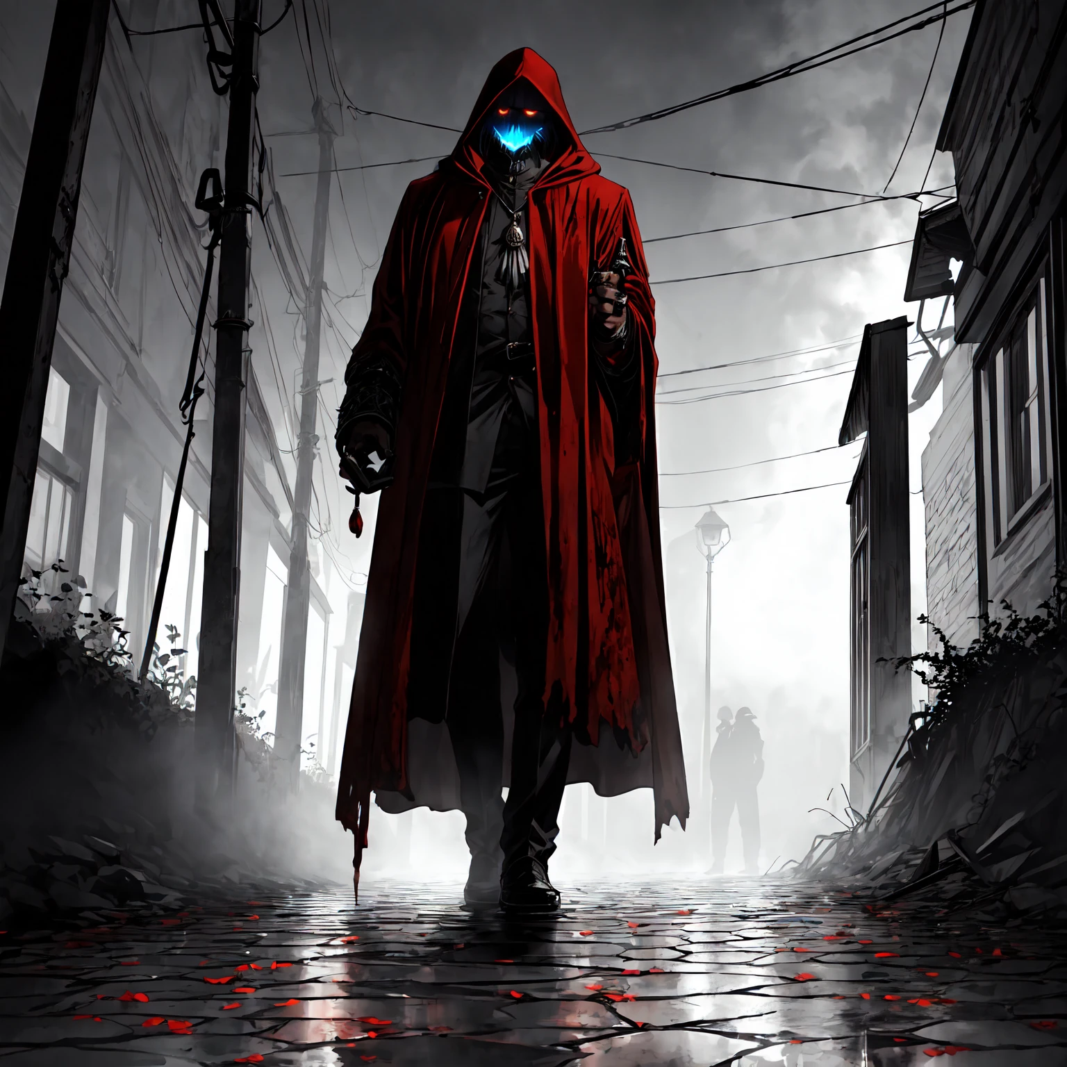 An eerie, shadowy creature in a tattered (red cloak), standing menacingly in a dark alley at night. The creature's silhouette is shrouded in darkness, with sharp, jagged details on its form. ((It holds a rusted, weathered bell in one hand, emanating an ominous aura)). The scene is illuminated by faint, cold moonlight reflecting on wet, cobblestone pavement, emphasizing the mysterious atmosphere. Highly detailed textures, cinematic lighting, realistic shadows, dark gothic aesthetics, and intricate details.