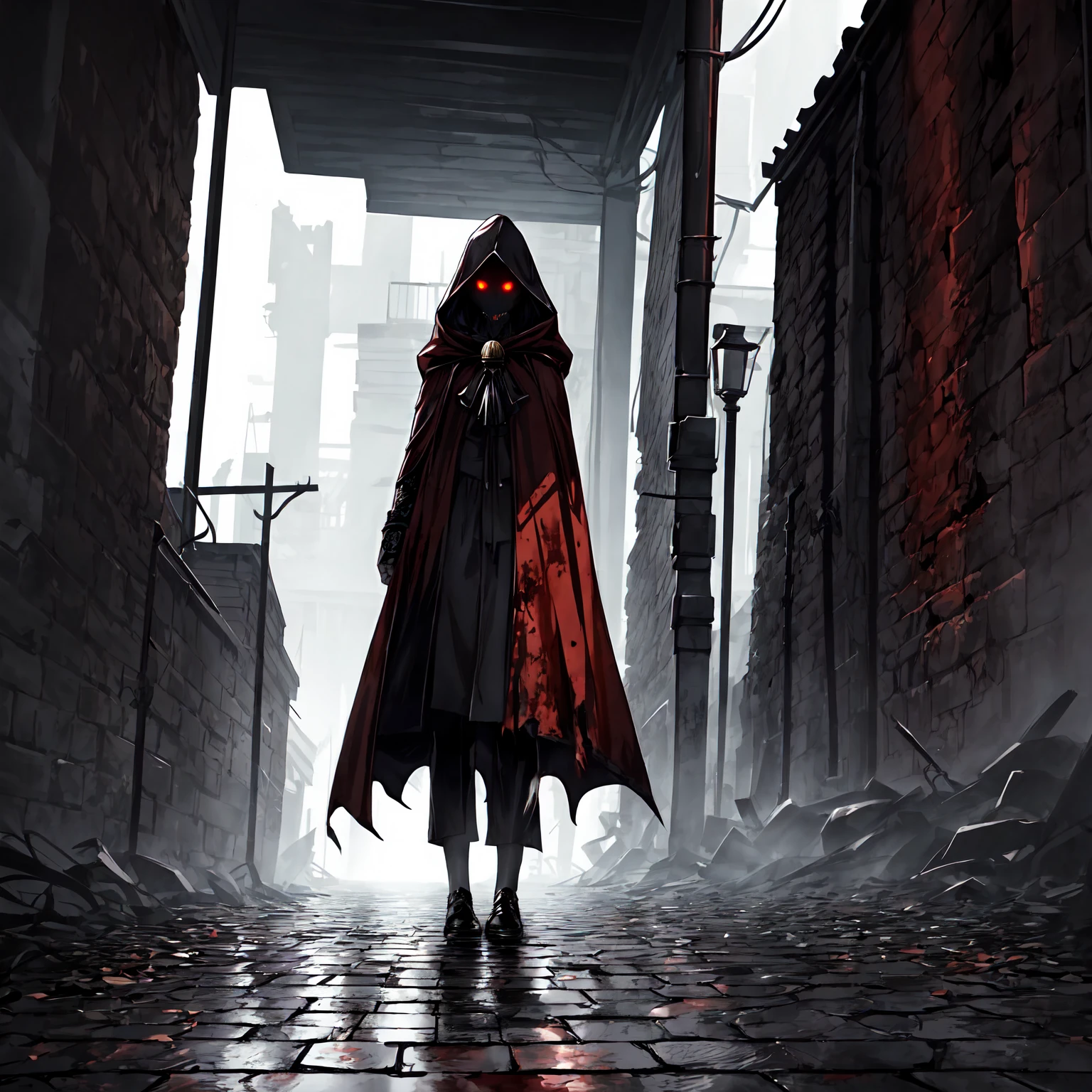 An eerie, shadowy creature in a tattered (red cloak), standing menacingly in a dark alley at night. The creature's silhouette is shrouded in darkness, with sharp, jagged details on its form. ((It holds a rusted, weathered bell in one hand, emanating an ominous aura)). The scene is illuminated by faint, cold moonlight reflecting on wet, cobblestone pavement, emphasizing the mysterious atmosphere. Highly detailed textures, cinematic lighting, realistic shadows, dark gothic aesthetics, and intricate details.