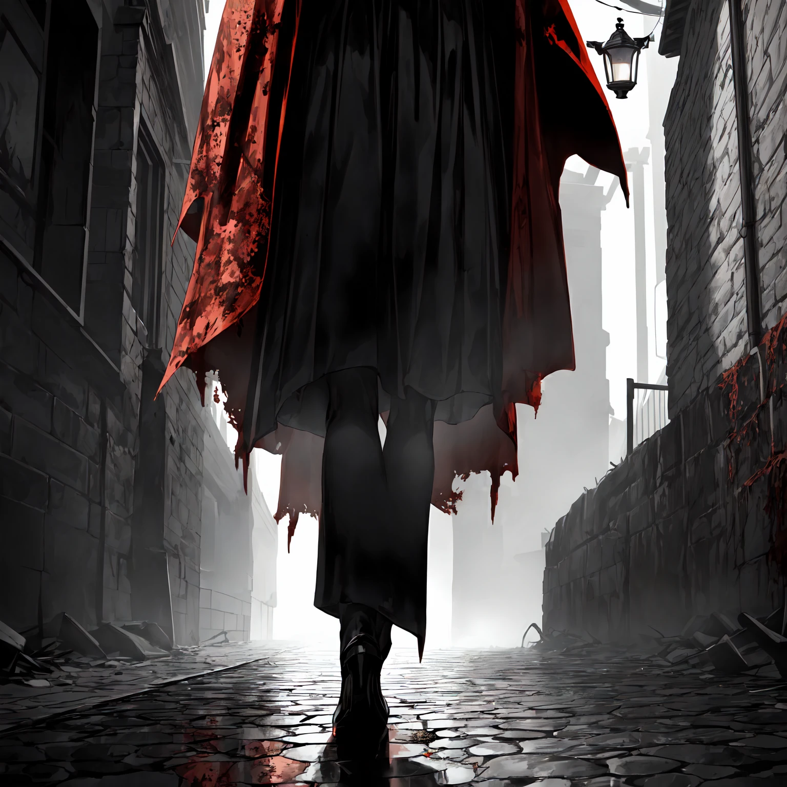 An eerie, shadowy creature in a tattered (red cloak), standing menacingly in a dark alley at night. The creature's silhouette is shrouded in darkness, with sharp, jagged details on its form. ((It holds a rusted, weathered bell in one hand, emanating an ominous aura)). The scene is illuminated by faint, cold moonlight reflecting on wet, cobblestone pavement, emphasizing the mysterious atmosphere. Highly detailed textures, cinematic lighting, realistic shadows, dark gothic aesthetics, and intricate details.