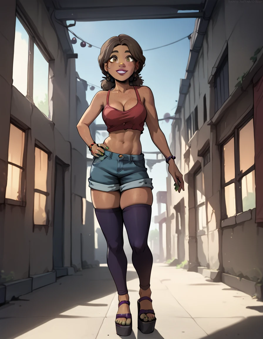 score 9, score 8, score 7, 1girl, solo, cassie, dark skin, low double bun, brown hair, brown eyes, beads bracelet, purple beads, freckles, green nails, makeup, red spaghetti top, short shorts, purple thighhighs, barefoot, open-toe platform heels, happy, abandoned mall, cleavage, thick thighs 