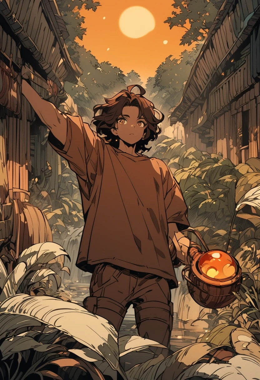  male character. His skin should have warm reddish brown tones . your hair is dark, with bulky threads ,  His eyes have a deep amber glow , almost golden.  He wears clothes made from natural fabrics in shades of dark green and brown. art style: smooth and detailed lines ,  with a magical and natural atmosphere .