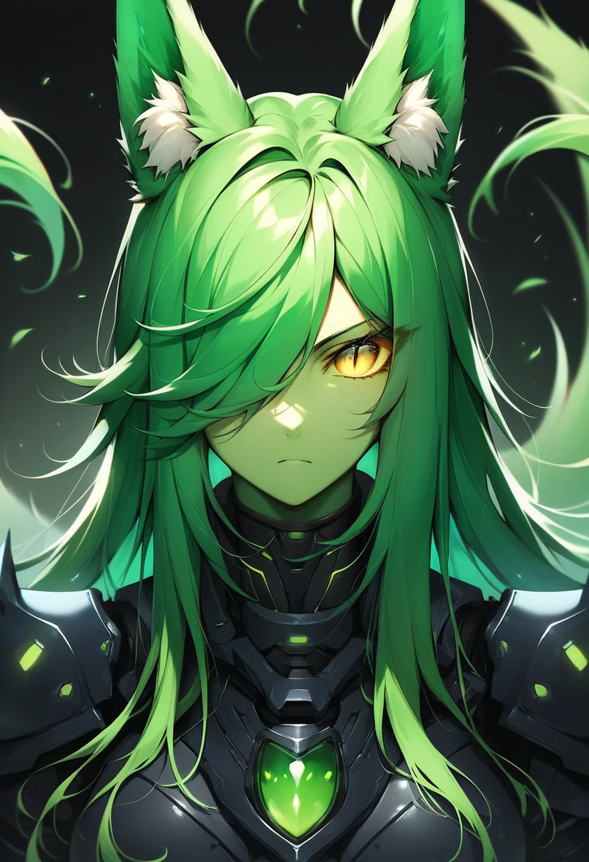 one person, female,anime, green-yellow skin, nine green fox tails, very large fox ears, slit pupils, open head, green-black futuristic carapace armor, complex full armor, templar, -templar, imposing, expressionless, emotionless, yellow eyes, yellow sclera, green long flowing hair,hair over left eye, sharp face, long claws, fingerless gloves,sharp focus,detailed anime character art, dark, facing center, close-up portrait, sharp focus, dark theme, low light, zPDXL3.