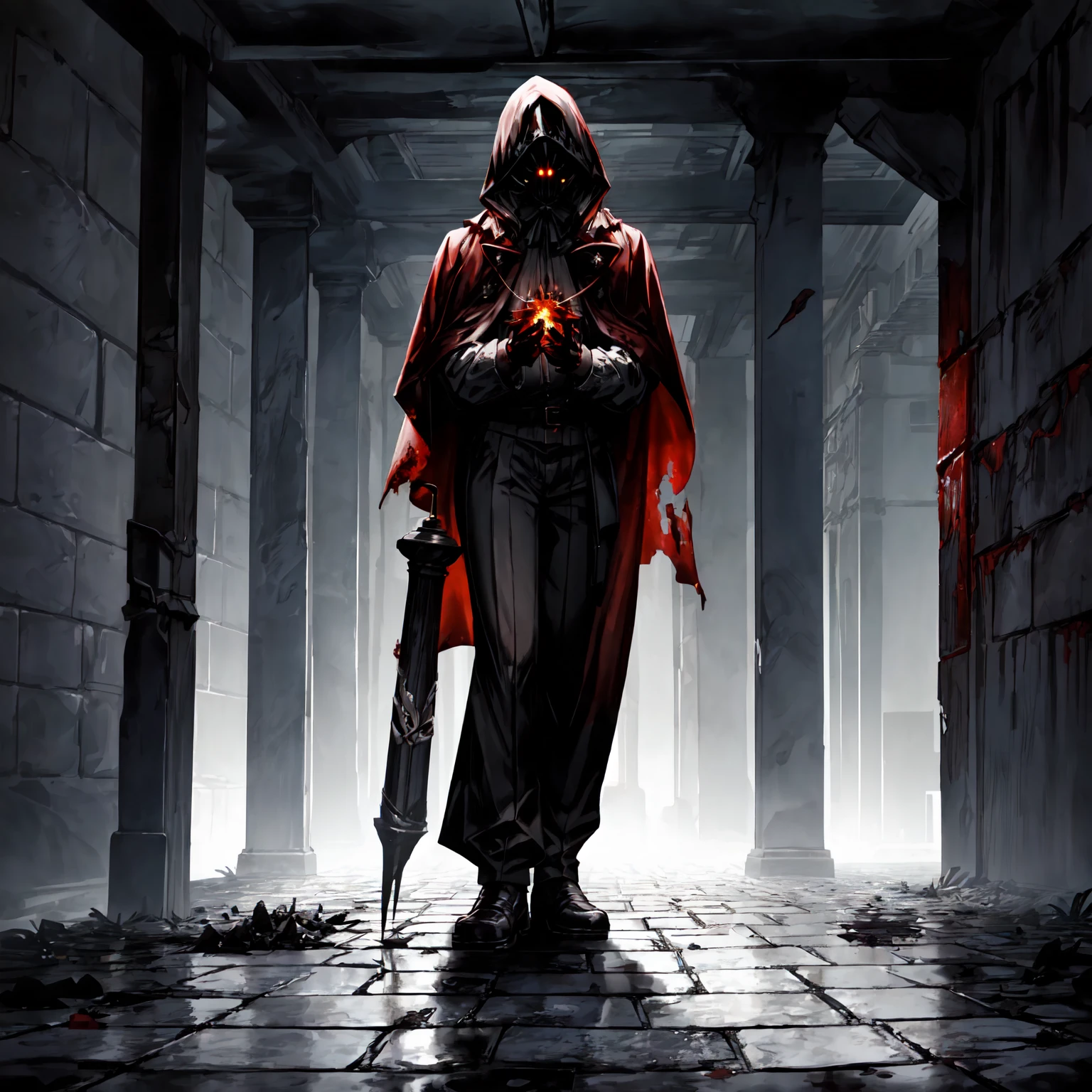 An eerie, shadowy creature in a tattered (red cloak), standing menacingly in a dark alley at night. The creature's silhouette is shrouded in darkness, with sharp, jagged details on its form. ((It holds a rusted, weathered bell in one hand, emanating an ominous aura)). The scene is illuminated by faint, cold moonlight reflecting on wet, cobblestone pavement, emphasizing the mysterious atmosphere. Highly detailed textures, cinematic lighting, realistic shadows, dark gothic aesthetics, and intricate details.