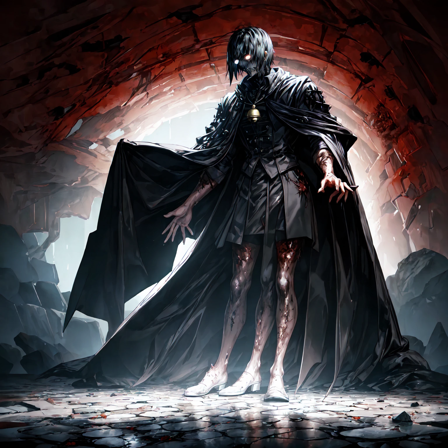 An eerie, shadowy creature in a tattered (red cloak), standing menacingly in a dark alley at night. The creature's silhouette is shrouded in darkness, with sharp, jagged details on its form. ((It holds a rusted, weathered bell in one hand, emanating an ominous aura)). The scene is illuminated by faint, cold moonlight reflecting on wet, cobblestone pavement, emphasizing the mysterious atmosphere. Highly detailed textures, cinematic lighting, realistic shadows, dark gothic aesthetics, and intricate details.