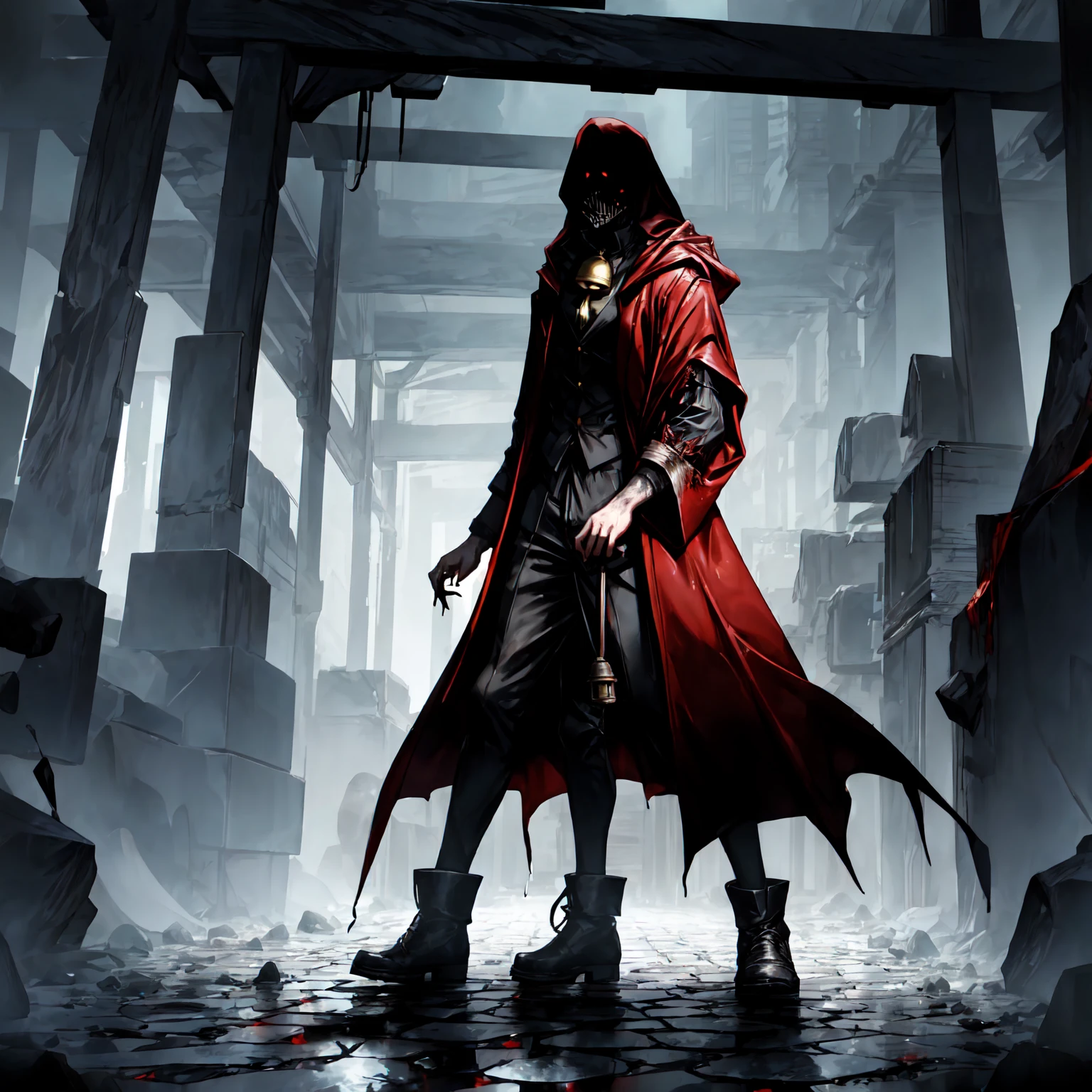 An eerie, shadowy creature in a tattered (red cloak), standing menacingly in a dark alley at night. The creature's silhouette is shrouded in darkness, with sharp, jagged details on its form. ((It holds a rusted, weathered bell in one hand, emanating an ominous aura)). The scene is illuminated by faint, cold moonlight reflecting on wet, cobblestone pavement, emphasizing the mysterious atmosphere. Highly detailed textures, cinematic lighting, realistic shadows, dark gothic aesthetics, and intricate details.