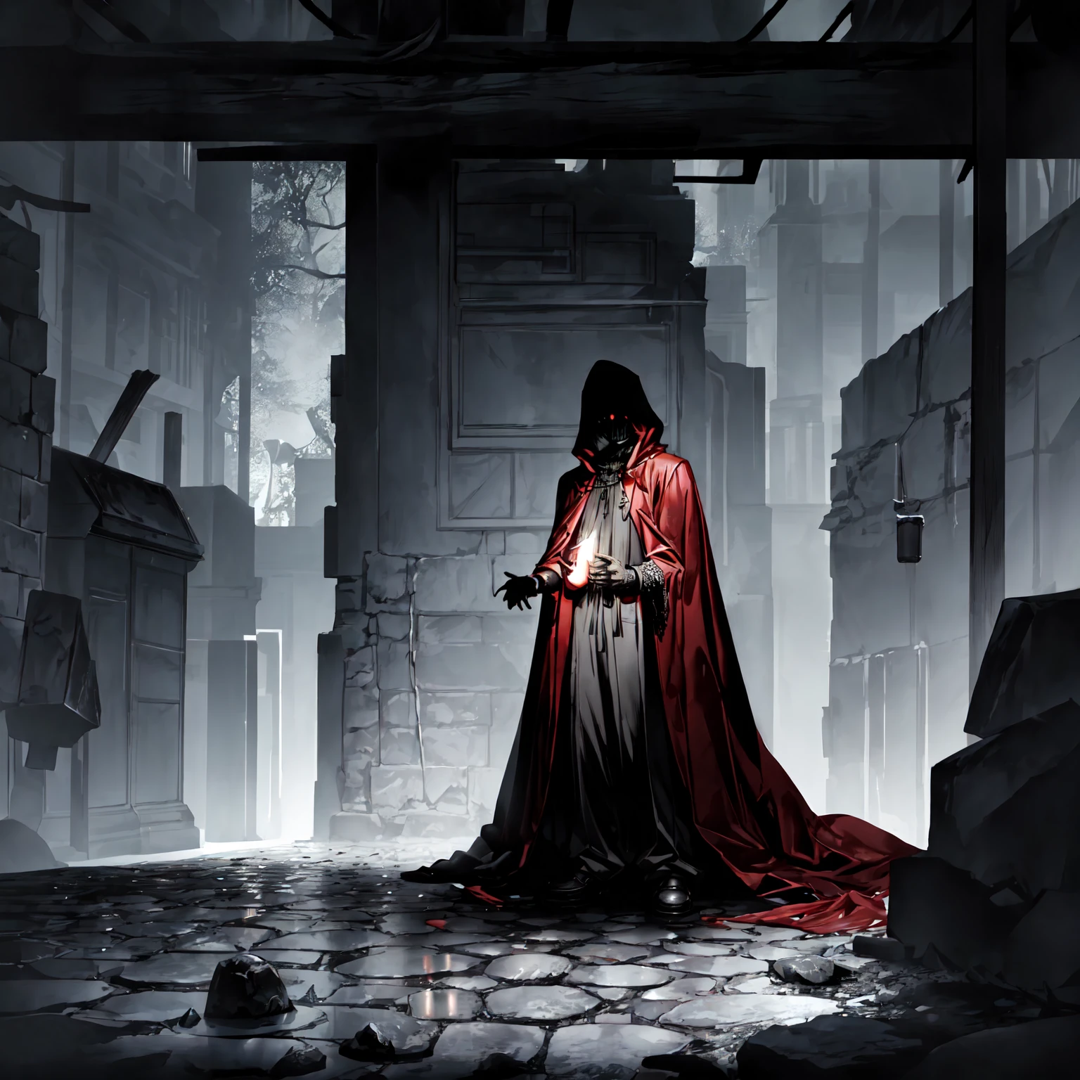 An eerie, shadowy creature in a tattered (red cloak), standing menacingly in a dark alley at night. The creature's silhouette is shrouded in darkness, with sharp, jagged details on its form. ((It holds a rusted, weathered bell in one hand, emanating an ominous aura)). The scene is illuminated by faint, cold moonlight reflecting on wet, cobblestone pavement, emphasizing the mysterious atmosphere. Highly detailed textures, cinematic lighting, realistic shadows, dark gothic aesthetics, and intricate details.