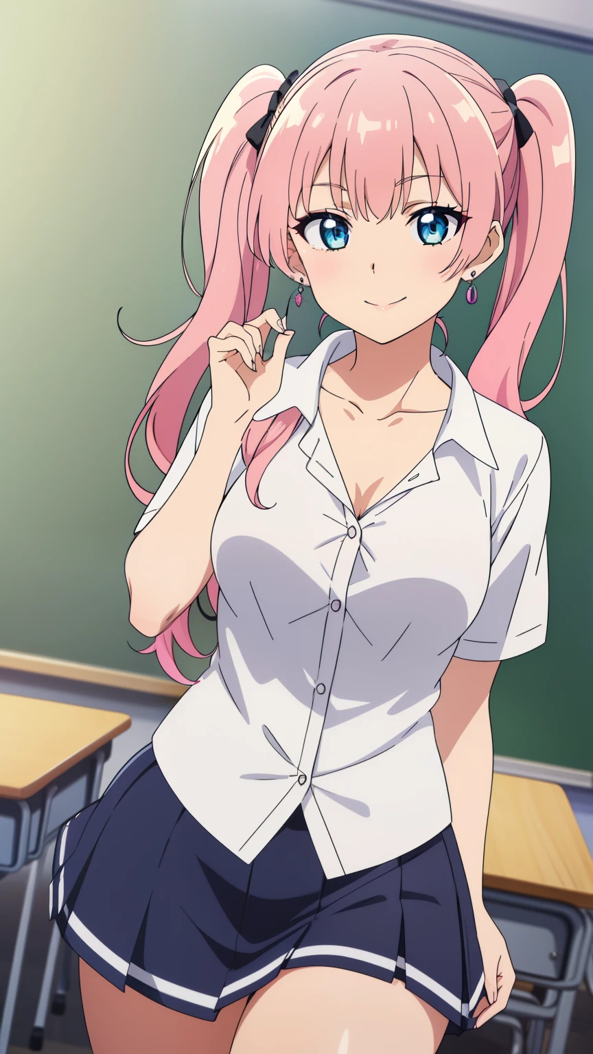 (Top quality, masterpiece, 8k), (anime coloring), very detailed, very detailed, perfect face, beautiful eyes, perfect eyes, detailed eyes, feature large highlight, detailed face, ultra-detailed, detailed eyes, symmetrical eyes, (dynamic angle), sharp details, 1 girl, black hair, long hair, (small medium breasts), healthy skin, slim, slim body, ((pink hair, twintails)), (((short stature))), (half smile), (nffsw, (earrings, school uniform, white shirt, collarbone, checkered miniskirt, thighs, classroom)), (cowboy shot:1.3), looking at the viewer, in the center of the image