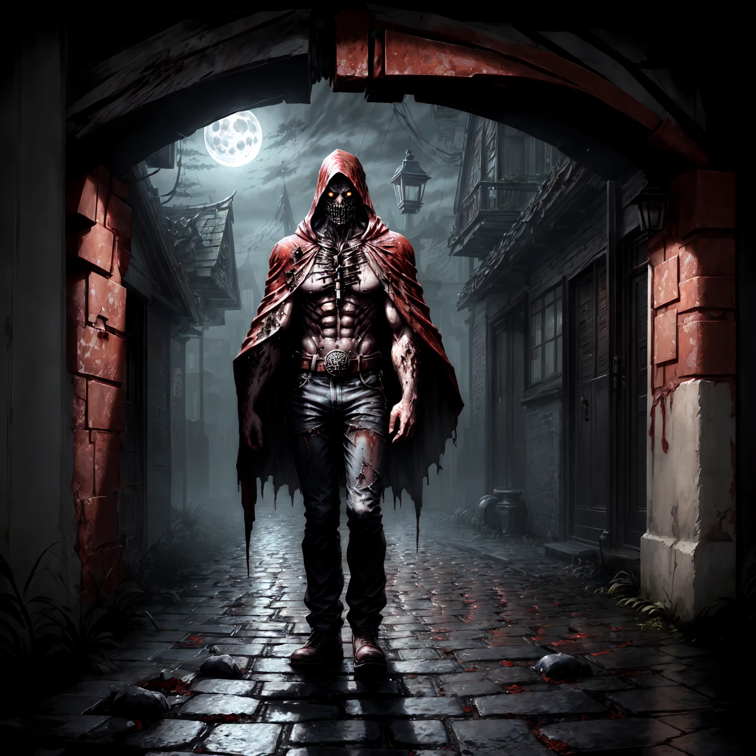 An eerie, shadowy creature in a tattered (red cloak), standing menacingly in a dark alley at night. The creature's silhouette is shrouded in darkness, with sharp, jagged details on its form. ((It holds a rusted, weathered bell in one hand, emanating an ominous aura)). The scene is illuminated by faint, cold moonlight reflecting on wet, cobblestone pavement, emphasizing the mysterious atmosphere. Highly detailed textures, cinematic lighting, realistic shadows, dark gothic aesthetics, and intricate details.