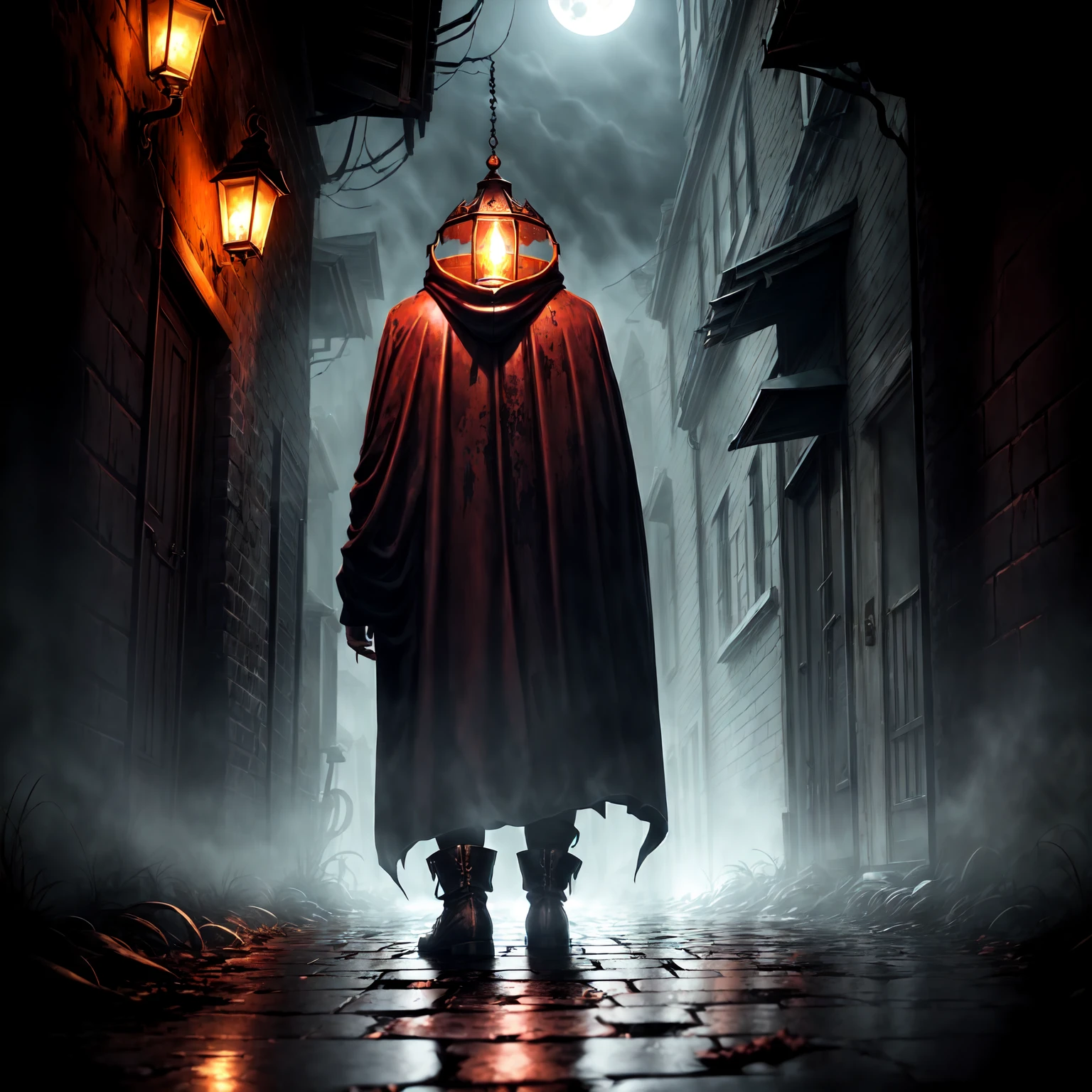 An eerie, shadowy creature in a tattered (red cloak), standing menacingly in a dark alley at night. The creature's silhouette is shrouded in darkness, with sharp, jagged details on its form. ((It holds a rusted, weathered bell in one hand, emanating an ominous aura)). The scene is illuminated by faint, cold moonlight reflecting on wet, cobblestone pavement, emphasizing the mysterious atmosphere. Highly detailed textures, cinematic lighting, realistic shadows, dark gothic aesthetics, and intricate details.