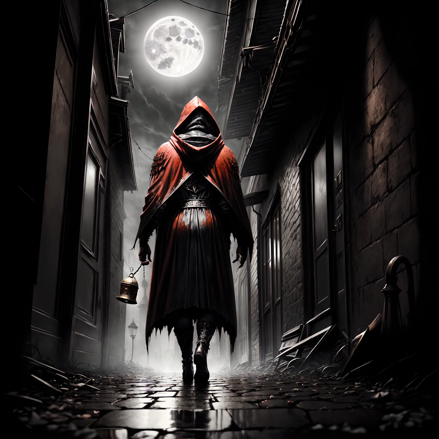 An eerie, shadowy creature in a tattered (red cloak), standing menacingly in a dark alley at night. The creature's silhouette is shrouded in darkness, with sharp, jagged details on its form. ((It holds a rusted, weathered bell in one hand, emanating an ominous aura)). The scene is illuminated by faint, cold moonlight reflecting on wet, cobblestone pavement, emphasizing the mysterious atmosphere. Highly detailed textures, cinematic lighting, realistic shadows, dark gothic aesthetics, and intricate details.