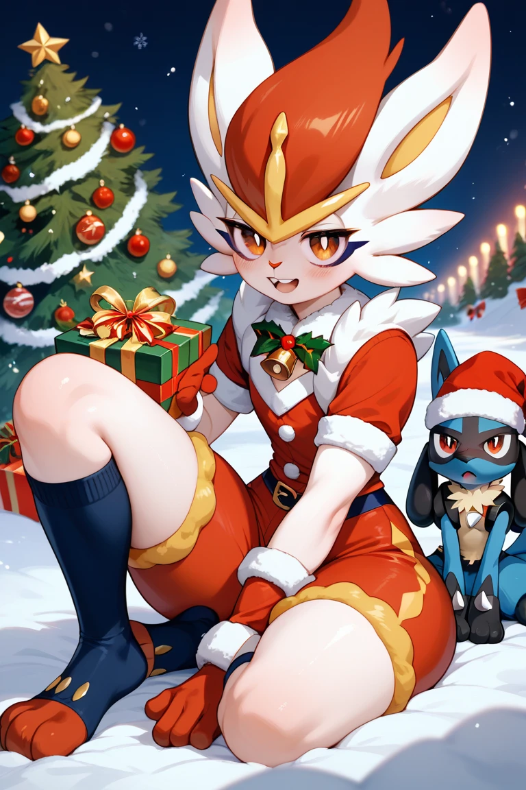 masterpiece, best quality, <lora:TFM_Midna:0.6> , TFM_Midna, helmet, red eyes, pointy ears, 1girl, santa hat, santa costume, santa bag
