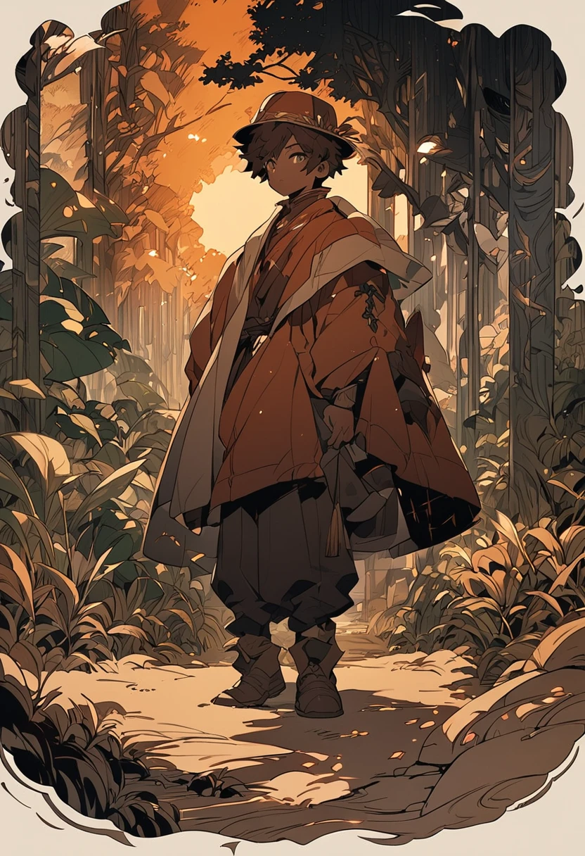  male character. His skin should have warm reddish brown tones . your hair is dark, with bulky threads ,  His eyes have a deep amber glow , almost golden.  He wears clothes made from natural fabrics in shades of dark green and brown. art style: smooth and detailed lines ,  with a magical and natural atmosphere .