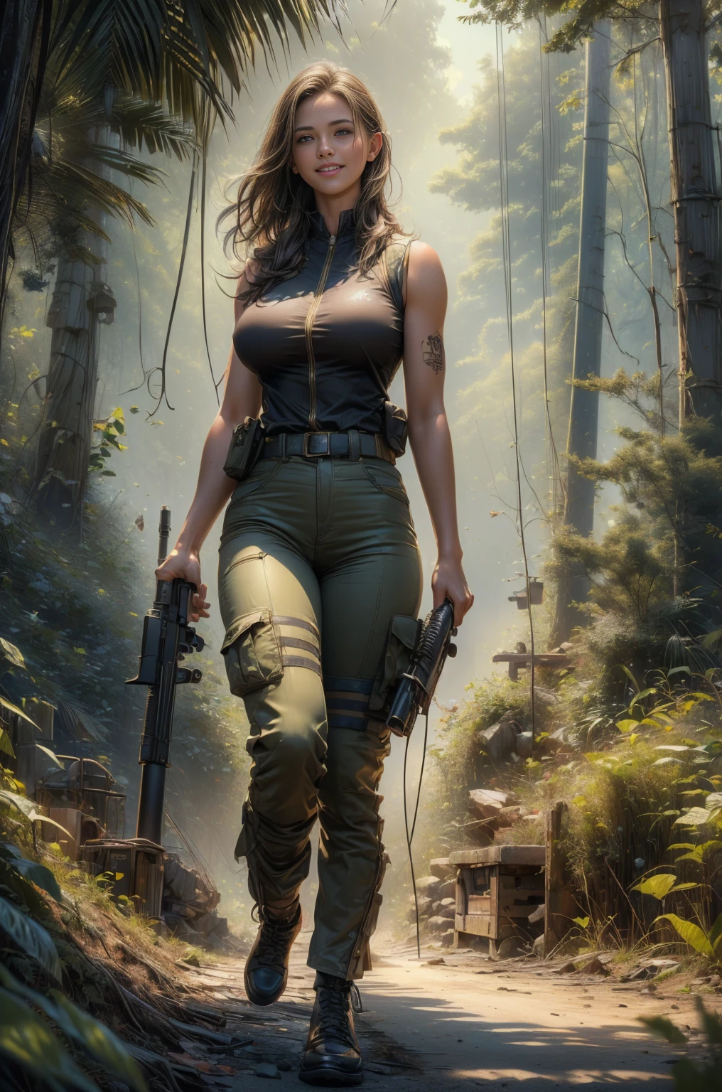 ((masterpiece, highest quality, Highest image quality, High resolution, photorealistic, Raw photo, Extremely detailed CG unified 8k wallpaper)), (huge stunning goddess shot, very hot and sexy, jaw-dropping beauty, perfect proportions, gigantic breasts), , (a lot of freckles on face), (a sexy young a woman soldier in a U.S. military uniform, a sleeveless shirt), (Various stickers and marks on the uniform), (revealing_clothes), (Skin is shiny with sweat), (holding a m16 rifle, with a large tattoo on her's shoulder), (holding a m16 rifle in her's hand), (a smile on her's face), (jungle, beach, hot sun, heat, summer, 1960s Vietnam), Naomi Watts