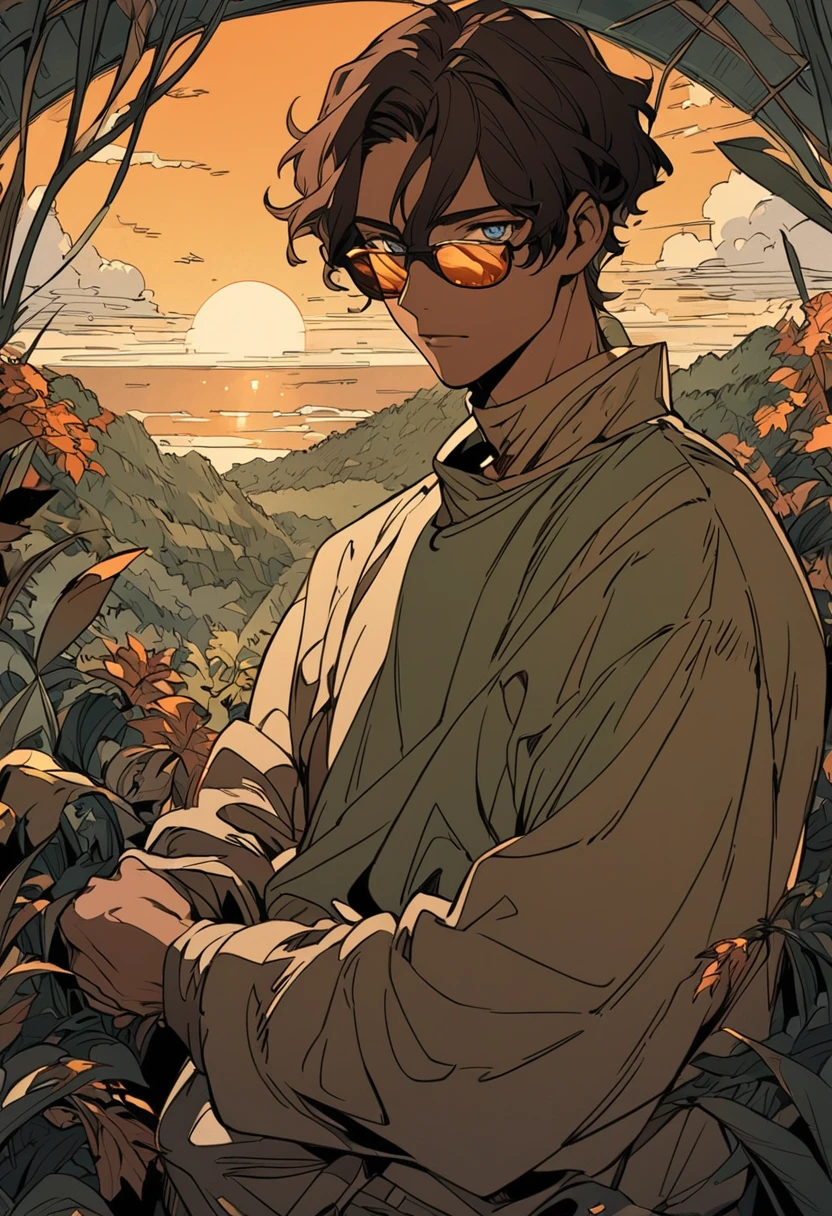  male character. His skin should have warm reddish brown tones . your hair is dark, with bulky threads ,  His eyes have a deep amber glow , almost golden.  He wears clothes made from natural fabrics in shades of dark green and brown. art style: smooth and detailed lines ,  with a magical and natural atmosphere .