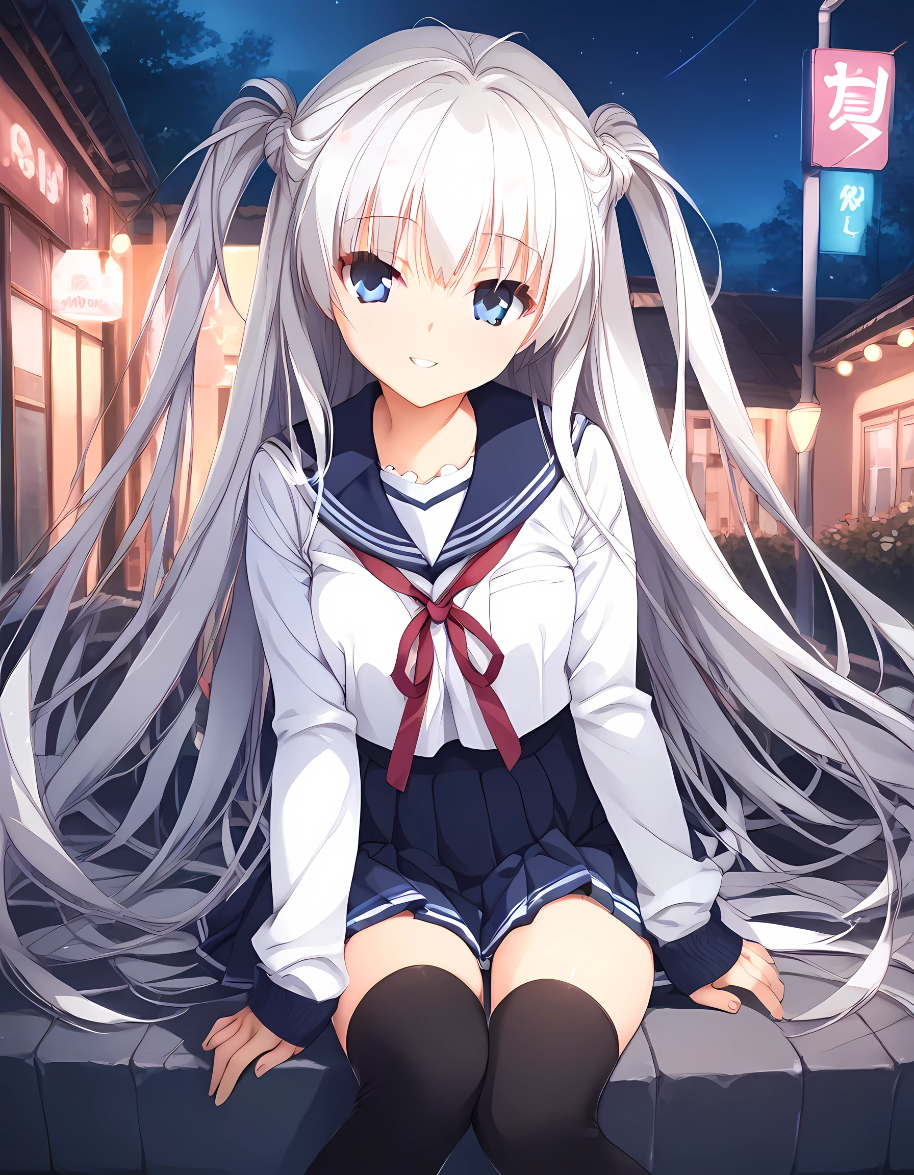 score_9, score_8_superior, score_7_superior, masterpiece, best quality, absurdres, high_fidelity, vibrant, sauce_anime, (rating_explicit:1.4), super detailed, Adorable, 1girl, yuzusoft_late, night,outdoors, smile, looking at viewer, sitting, knees together, arm support, blue eyes, white hair, very long hair, straight hair, serafuku, school uniform, shirt, pleated skirt, zettai ryouiki, thighhighs, black thighhighs, sex, knee lift