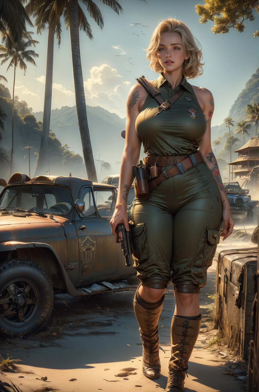 ((masterpiece, highest quality, Highest image quality, High resolution, photorealistic, Raw photo, Extremely detailed CG unified 8k wallpaper)), (huge stunning goddess shot, very hot and sexy, jaw-dropping beauty, perfect proportions, gigantic breasts), , (a lot of freckles on face), (a sexy young a woman dressed as an army soldier, a sleeveless shirt), (Various stickers and marks on the uniform), (revealing_clothes), (Skin is shiny with sweat), (holding a Pistol, with a large tattoo on her's shoulder), (holding an old rifle in her's hand), (a calm expression with a slight smile), (Pacific island base, beach, hot sun, heat, summer, a World War II), Marilyn Monroe