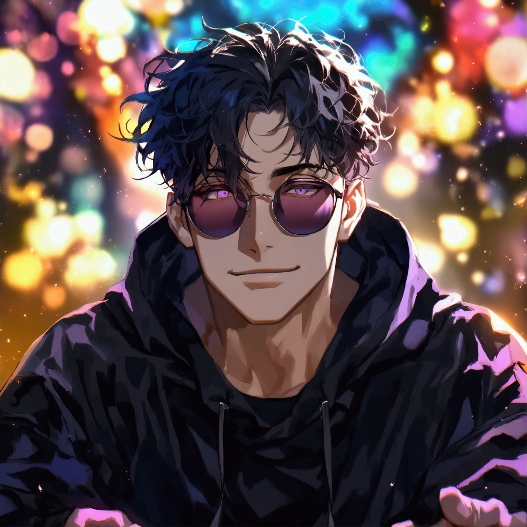 (solo), (1 male), (1 man), handsome men, (one man with black hair, purple eyes), short hair, messy hair, sunglasses,black oversized hoodie((masterpiece)), (dark background: 1.3), (stylish), dynamic angle, (detailed face, detailed eyes, proportional hands, proportional anatomy), sitting in a relaxed pose, sinister atmosphere, a nihilistic smile