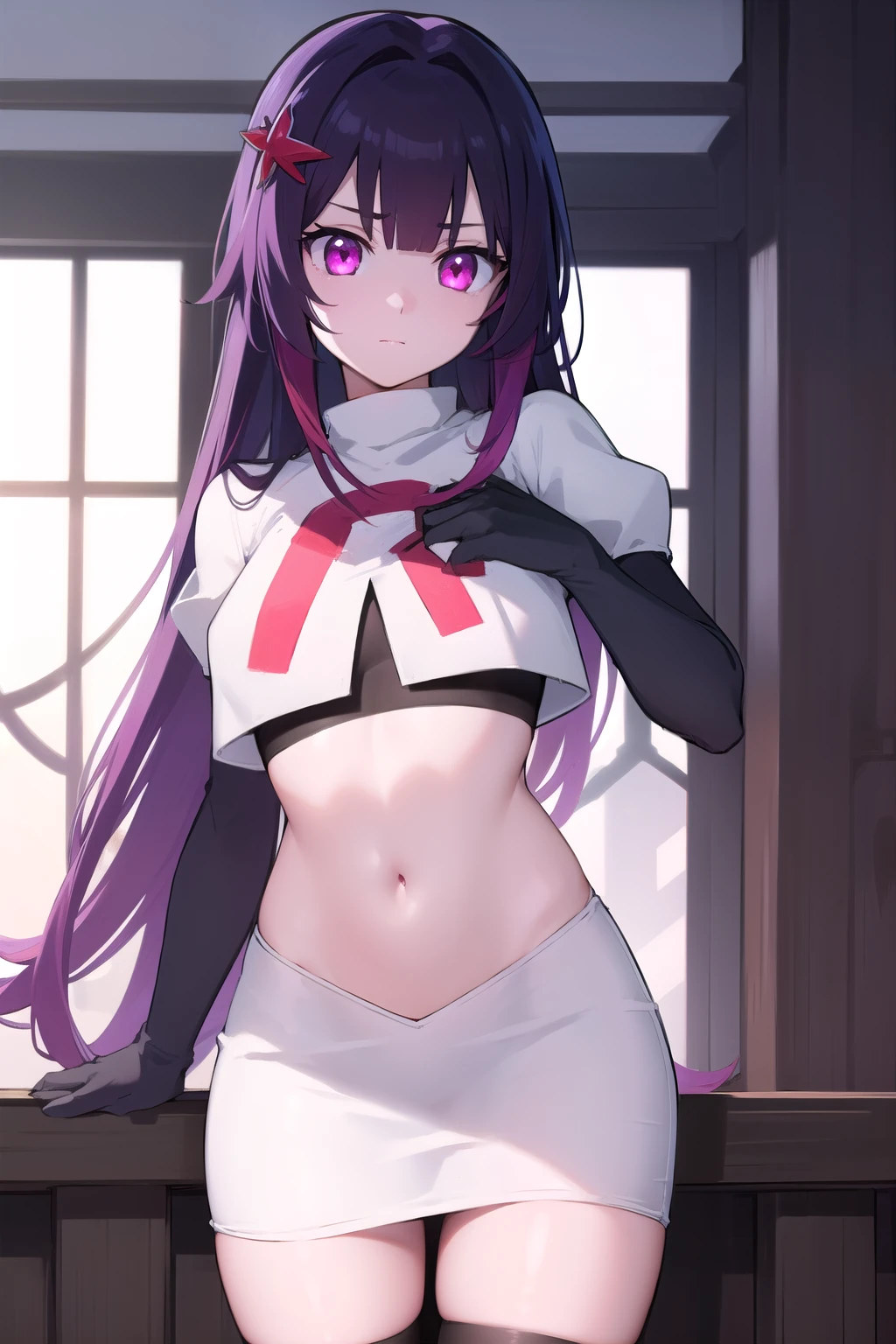 best quality, masterpiece, highres, solo, {keqing_genshin:1.15}, long_hair, purple_hair, purple_eyes, hair_bun, cone_hair_bun, twintails, bangs, double_bun, breasts, hair_ornament, blush, braid, medium_breasts, 1girl, bare_shoulders, cleavage, looking_at_viewer,hair_between_eyes, large_breasts, team rocket,team rocket uniform,white skirt,red letter R,crop top,black thigh-high boots,black elbow gloves,