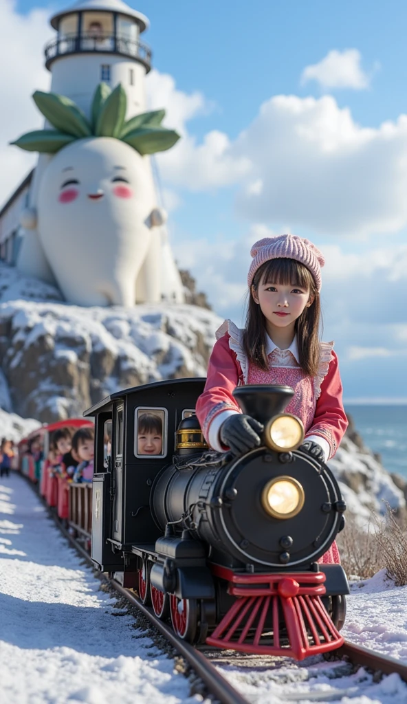 ultra-realistic, photorealistic, dramatic scene, shadow, global-illumination, solo, (20 years old Japanese famous idol girl), very beautiful fragile Japanese girl, very beautiful with very cute face, (modern maid, detailed face skin texture), (wearing a cute colored maid outfits with winter jacket and glove with knit cap), She is driving the miniature steam locomotive train, some kindergarteners are riding on the train with smile, in front of the huge daikon radish shaped lighthouse on the cliff, at the deeply snow covered scenic railroad, (amazing view of ocean with a daikon radish painted lighthouse), lighthouse\(large, very cute white daikon radish character, very cute smiled face, chubby, green leaves on the top, medium-long, full body, small hands\), professional lighting, warm winter sunshine, she looks so happy,