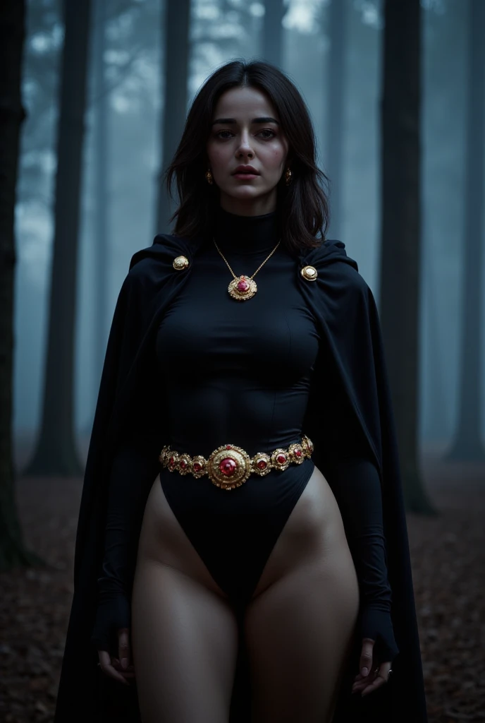 1girl, cowboy shot of rvn, hotraven, pale skin, black leotard, turtleneck, tights, cape, glowing eyes, gold belt, jewels, medallion, athletic, looking at viewer, night, dark forest, mist, fog, volumetric lighting, best quality, masterpiece, intricate details, tonemapping, sharp focus, hyper detailed, realistic