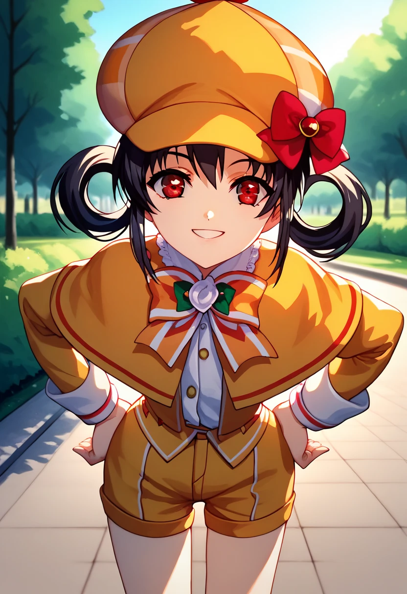 score_9, score_8_up, score_7_up, source_anime BREAK 1girl, solo, lovelive_nico, cowboy shot, orange headwear, standing, capelet, deerstalker, black hair, short twintails, red hairbow, red eyes, looking at you, smile, hands on hip, park, (High Resolution), (More Details), (8K), (High Resolution), pov, bent over