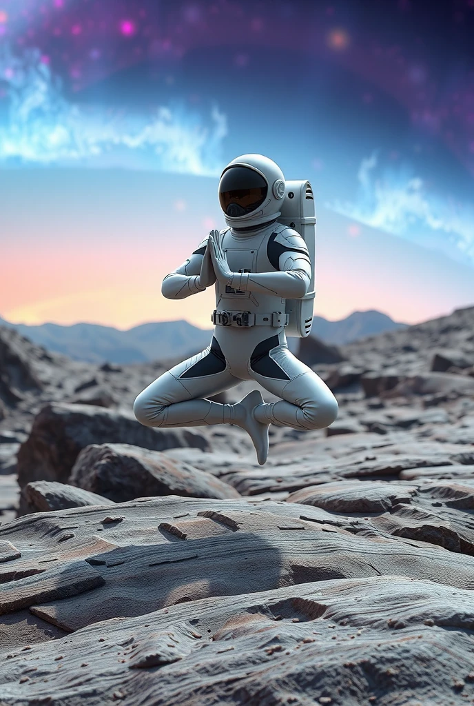 Astronaut on the surface of a rock with a space colorful background, an astronaut doing yoga  space suit.  future concept