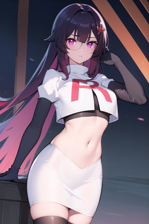 1girl,purple sister chaos,solo,
large breasts, 
standing,cowboy shot, hair ornament,
team rocket,team rocket uniform, red letter R, white skirt,white crop top,black thigh-highs, black elbow gloves,