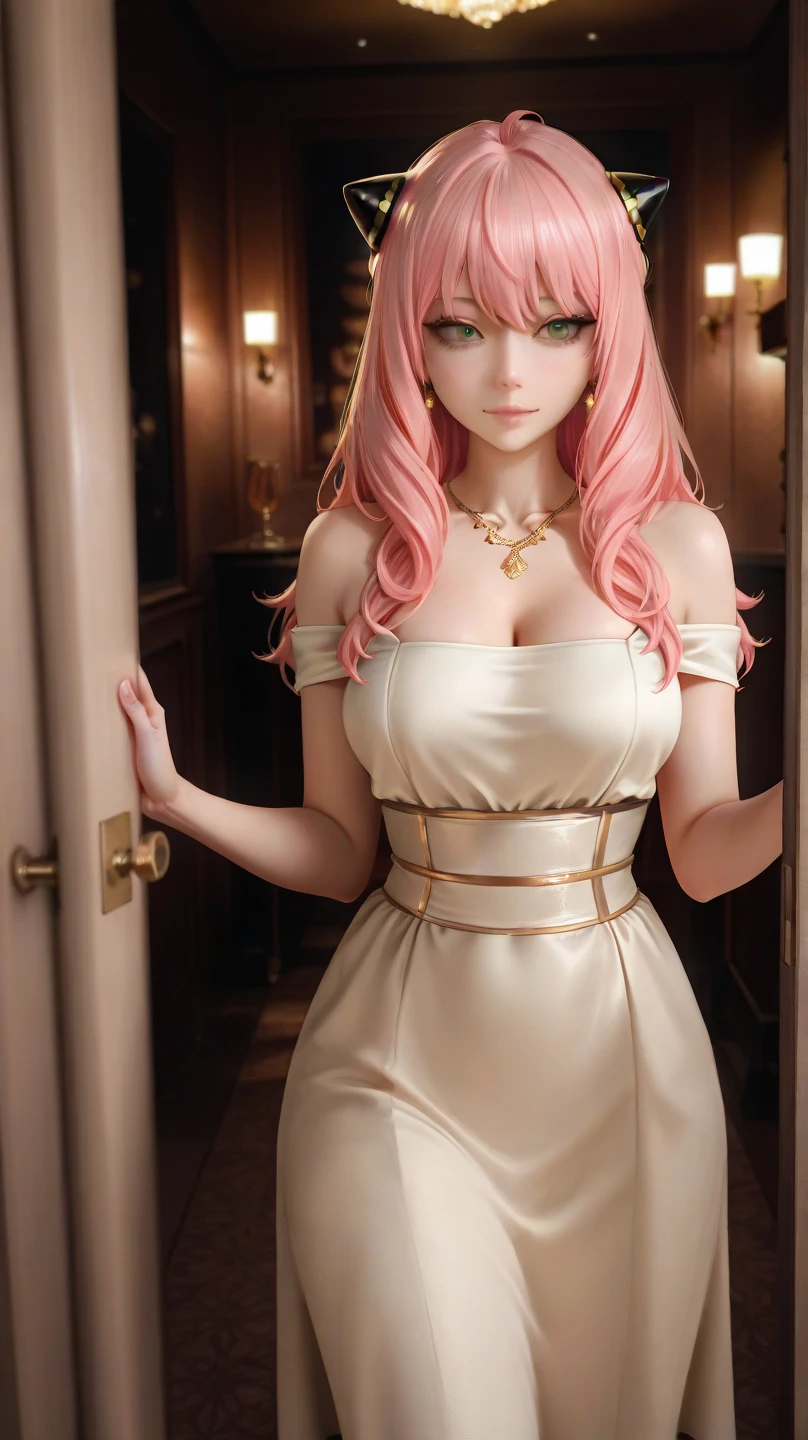 powerful woman, boss, looking like a goddess, small , with green eyes and long pink hair, sitting on a chair in the bar, wearing long elegant dress and heels, with men behind her
