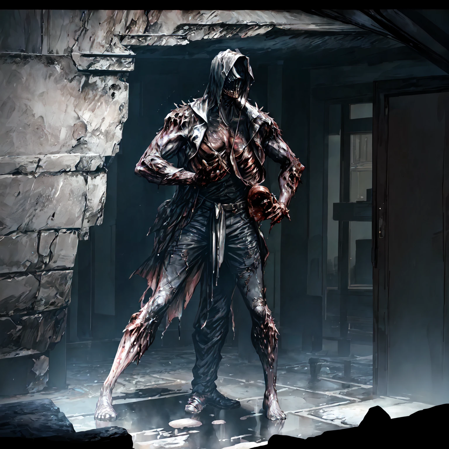 An eerie, shadowy creature in a tattered red cloak, standing menacingly in a dark alley at night. The creature's silhouette is shrouded in darkness, with sharp, jagged details on its form. It holds a large, rusted, weathered bell in one hand, the bell prominently displayed and reflecting faint light to draw attention to its corroded texture and ominous appearance. The scene is illuminated by faint, cold moonlight reflecting on wet, cobblestone pavement, emphasizing the mysterious atmosphere. Highly detailed textures, cinematic lighting, realistic shadows, dark gothic aesthetics, and intricate details.