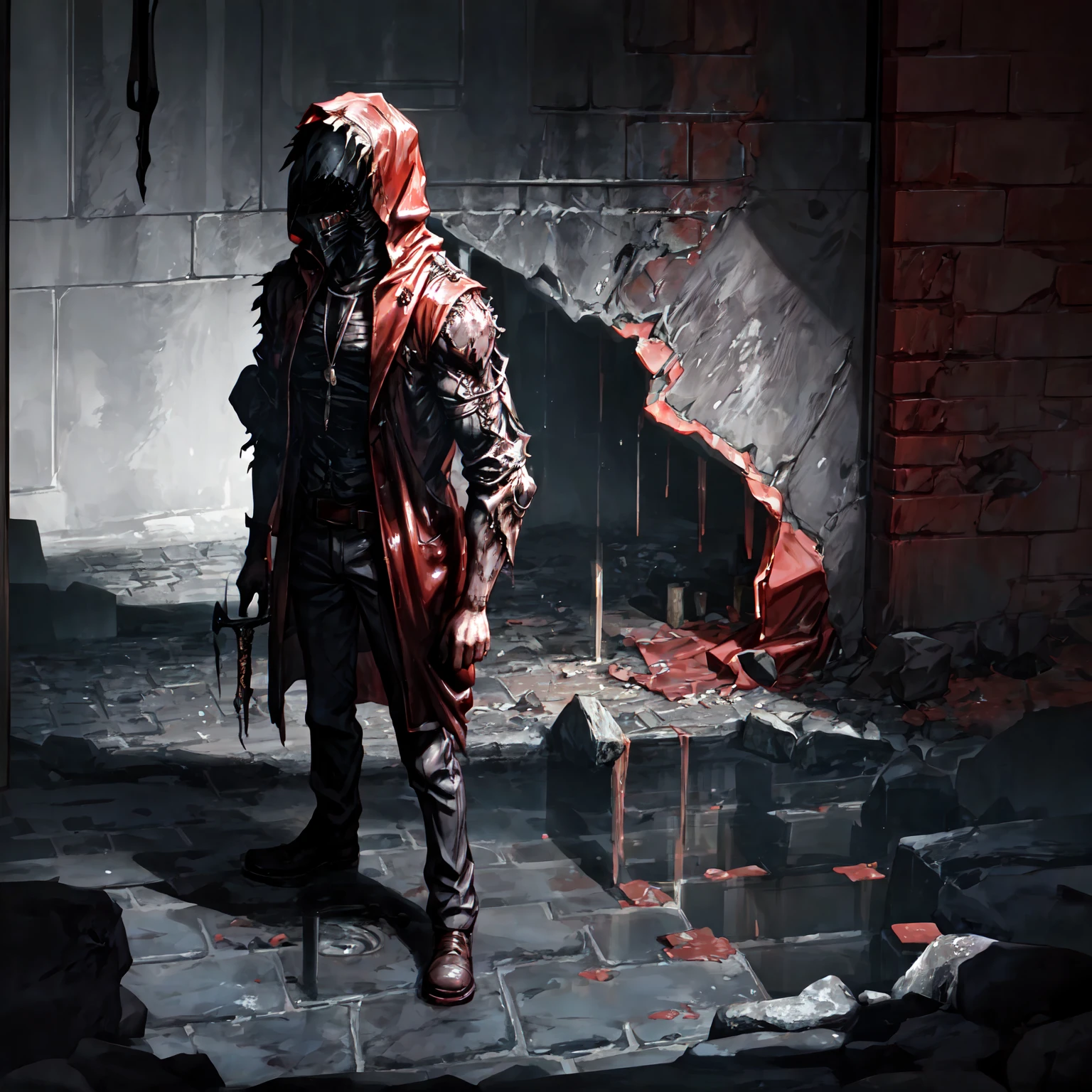 An eerie, shadowy creature in a tattered red cloak, standing menacingly in a dark alley at night. The creature's silhouette is shrouded in darkness, with sharp, jagged details on its form. It holds a large, rusted, weathered bell in one hand, the bell prominently displayed and reflecting faint light to draw attention to its corroded texture and ominous appearance. The scene is illuminated by faint, cold moonlight reflecting on wet, cobblestone pavement, emphasizing the mysterious atmosphere. Highly detailed textures, cinematic lighting, realistic shadows, dark gothic aesthetics, and intricate details.