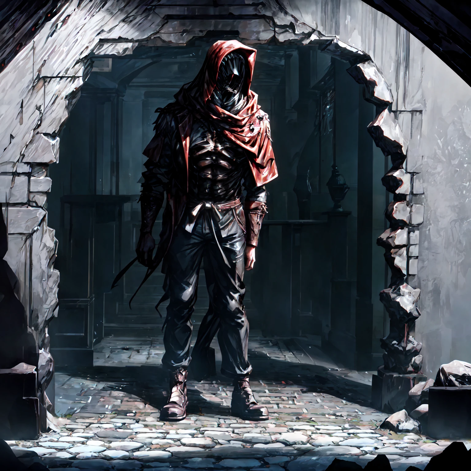 An eerie, shadowy creature in a tattered red cloak, standing menacingly in a dark alley at night. The creature's silhouette is shrouded in darkness, with sharp, jagged details on its form. It holds a large, rusted, weathered bell in one hand, the bell prominently displayed and reflecting faint light to draw attention to its corroded texture and ominous appearance. The scene is illuminated by faint, cold moonlight reflecting on wet, cobblestone pavement, emphasizing the mysterious atmosphere. Highly detailed textures, cinematic lighting, realistic shadows, dark gothic aesthetics, and intricate details.