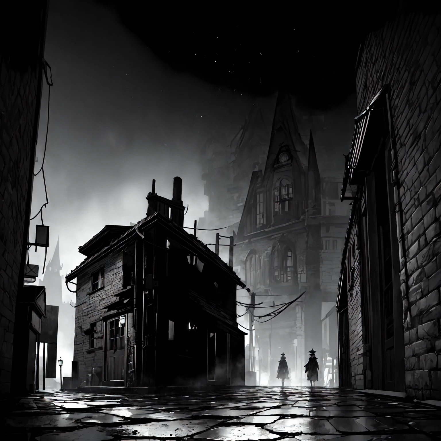 An eerie, shadowy creature in a tattered red cloak, standing menacingly in a dark alley at night. The creature's silhouette is shrouded in darkness, with sharp, jagged details on its form. It holds a large, rusted, weathered bell in one hand, the bell prominently displayed and reflecting faint light to draw attention to its corroded texture and ominous appearance. The scene is illuminated by faint, cold moonlight reflecting on wet, cobblestone pavement, emphasizing the mysterious atmosphere. Highly detailed textures, cinematic lighting, realistic shadows, dark gothic aesthetics, and intricate details.