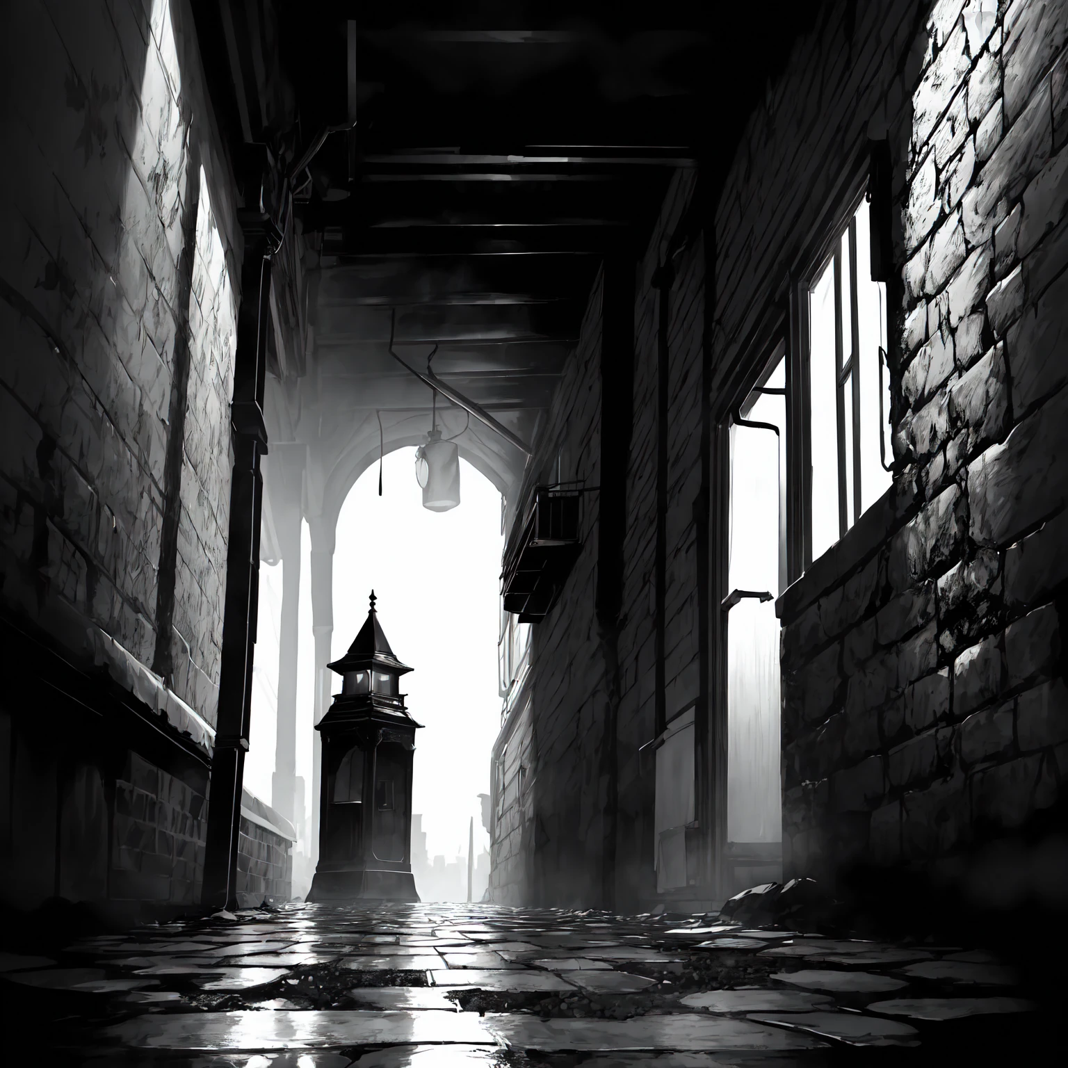 An eerie, shadowy creature in a tattered red cloak, standing menacingly in a dark alley at night. The creature's silhouette is shrouded in darkness, with sharp, jagged details on its form. It holds a large, rusted, weathered bell in one hand, the bell prominently displayed and reflecting faint light to draw attention to its corroded texture and ominous appearance. The scene is illuminated by faint, cold moonlight reflecting on wet, cobblestone pavement, emphasizing the mysterious atmosphere. Highly detailed textures, cinematic lighting, realistic shadows, dark gothic aesthetics, and intricate details.