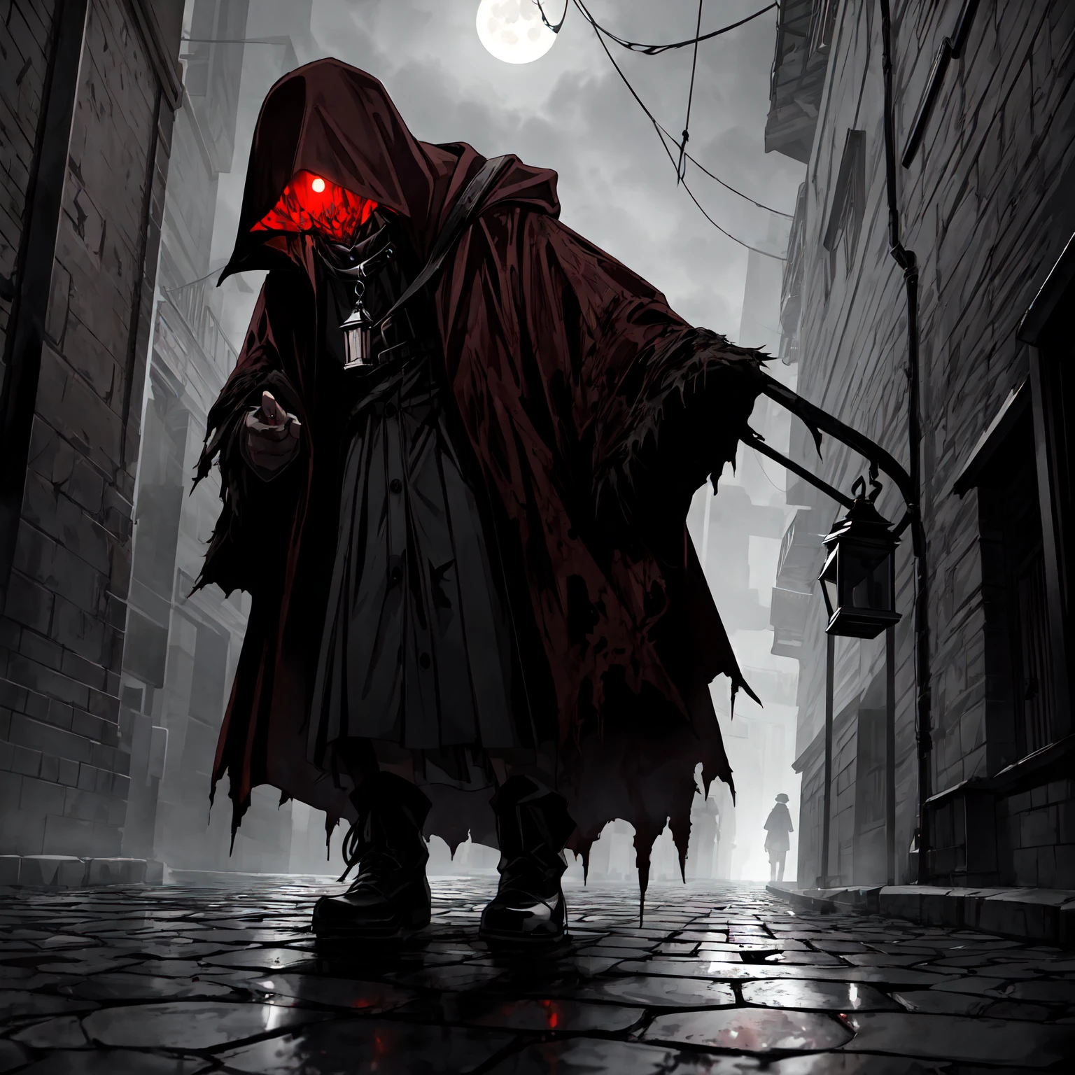 An eerie, shadowy creature in a tattered red cloak, standing menacingly in a dark alley at night. The creature's silhouette is shrouded in darkness, with sharp, jagged details on its form. It holds a large, rusted, weathered bell in one hand, the bell prominently displayed and reflecting faint light to draw attention to its corroded texture and ominous appearance. The scene is illuminated by faint, cold moonlight reflecting on wet, cobblestone pavement, emphasizing the mysterious atmosphere. Highly detailed textures, cinematic lighting, realistic shadows, dark gothic aesthetics, and intricate details.