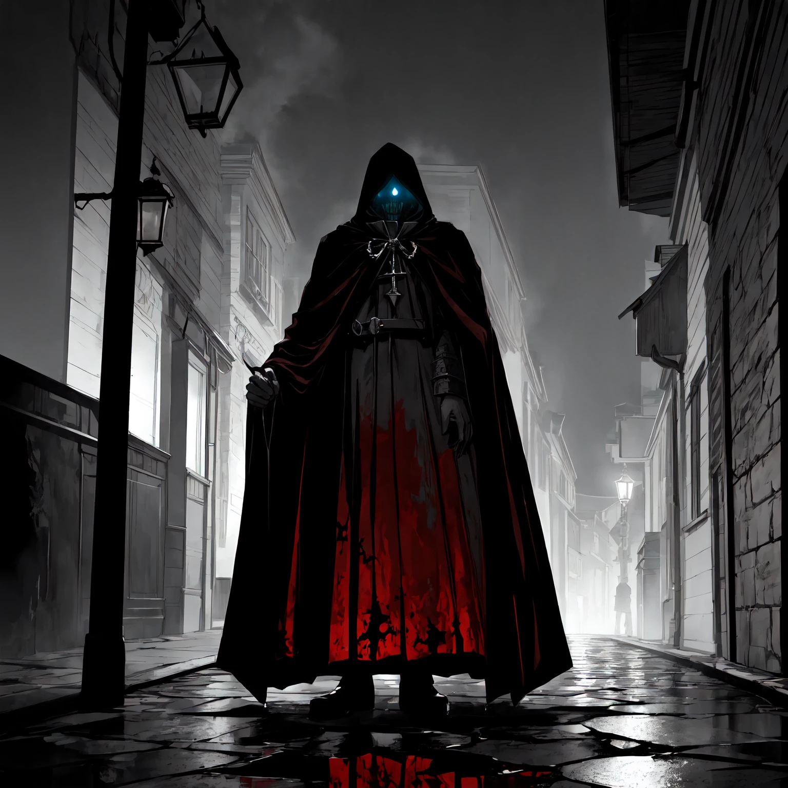 An eerie, shadowy creature in a tattered red cloak, standing menacingly in a dark alley at night. The creature's silhouette is shrouded in darkness, with sharp, jagged details on its form. It holds a large, rusted, weathered bell in one hand, the bell prominently displayed and reflecting faint light to draw attention to its corroded texture and ominous appearance. The scene is illuminated by faint, cold moonlight reflecting on wet, cobblestone pavement, emphasizing the mysterious atmosphere. Highly detailed textures, cinematic lighting, realistic shadows, dark gothic aesthetics, and intricate details.