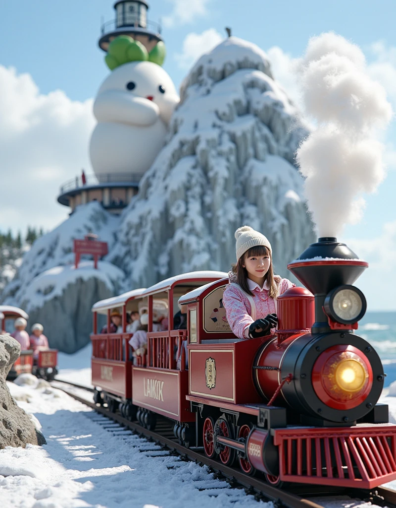 ultra-realistic, photorealistic, dramatic scene, shadow, global-illumination, solo, (20 years old Japanese famous idol girl), very beautiful fragile Japanese girl, very beautiful with very cute face, (modern maid, detailed face skin texture), (wearing a cute colored maid outfits with winter jacket and glove with knit cap), She is driving the miniature steam locomotive train, some *************** are riding on the train with smile, in front of the huge daikon radish shaped lighthouse on the cliff, at the deeply snow covered scenic railroad, (amazing view of ocean with a daikon radish painted lighthouse), lighthouse\(large, very cute white daikon radish character, very cute smiled face, chubby, green leaves on the top, medium-long, full body, small hands\), professional lighting, warm winter sunshine, she looks so happy,