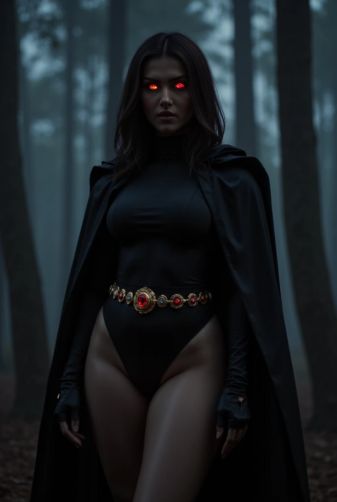 1girl, cowboy shot of rvn, hotraven, pale skin, black leotard, turtleneck, tights, cape, glowing eyes, gold belt, jewels, medallion, athletic, looking at viewer, night, dark forest, mist, fog, volumetric lighting, best quality, masterpiece, intricate details, tonemapping, sharp focus, hyper detailed, realistic