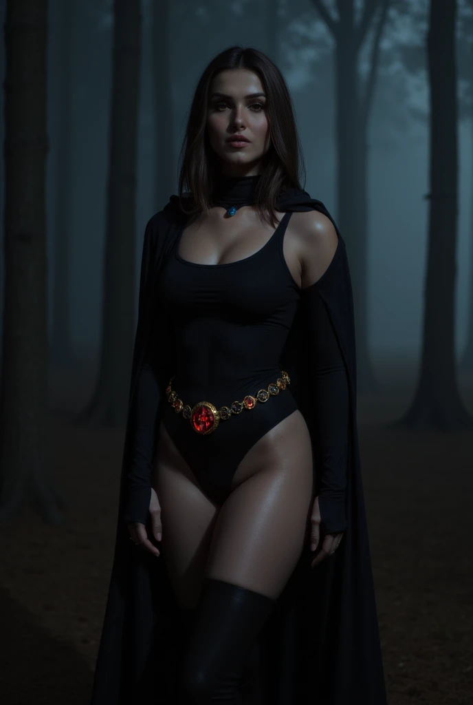 1girl, cowboy shot of rvn, hotraven, pale skin, black leotard, turtleneck, tights, cape, glowing eyes, gold belt, jewels, medallion, athletic, looking at viewer, night, dark forest, mist, fog, volumetric lighting, best quality, masterpiece, intricate details, tonemapping, sharp focus, hyper detailed, realistic