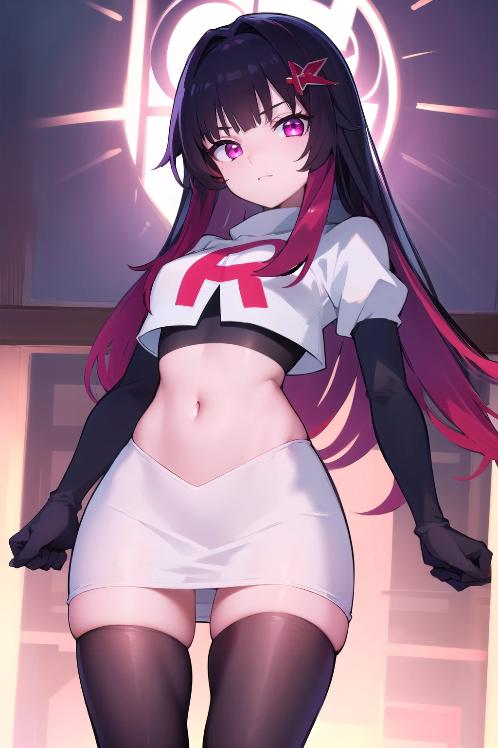 masterpiece, best quality, blush, 1girl, cowboy shot, solo, ebikurumi, long hair, twintails, open mouth, fang, purple eyes, purple hair, hair ribbon, smile, looking at viewer, depth of field, team rocket,team rocket uniform,white skirt,red letter R,crop top,black thigh-highs,black elbow gloves