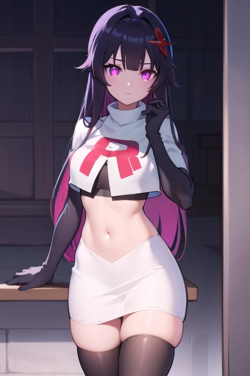 masterpiece, best quality, best 8k wallpaper,
1 girl, long hair, purple hair, bangs, yellow eyes, earrings, hair between eyes, hair ornament,
team rocket,team rocket uniform,white skirt,red letter R,crop top,black thigh-highs,black elbow gloves