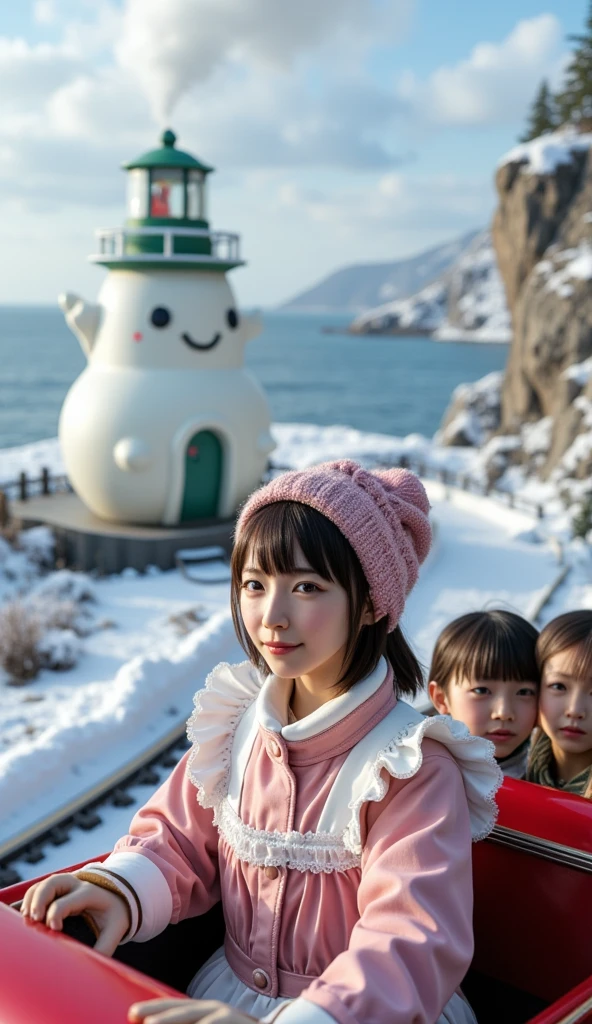 ultra-realistic, photorealistic, dramatic scene, shadow, global-illumination, solo, (20 years old Japanese famous idol girl), very beautiful fragile Japanese girl, very beautiful with very cute face, (modern maid, detailed face skin texture), (wearing a cute colored maid outfits with winter jacket and glove with knit cap), She is driving the miniature steam locomotive train, some kindergarteners are riding on the train with smile, in front of the huge daikon radish shaped lighthouse on the cliff, at the deeply snow covered scenic railroad, (amazing view of ocean with a daikon radish painted lighthouse), lighthouse\(large, very cute white daikon radish character, very cute smiled face, chubby, green leaves on the top, medium-long, full body, small hands\), professional lighting, warm winter sunshine, she looks so happy,