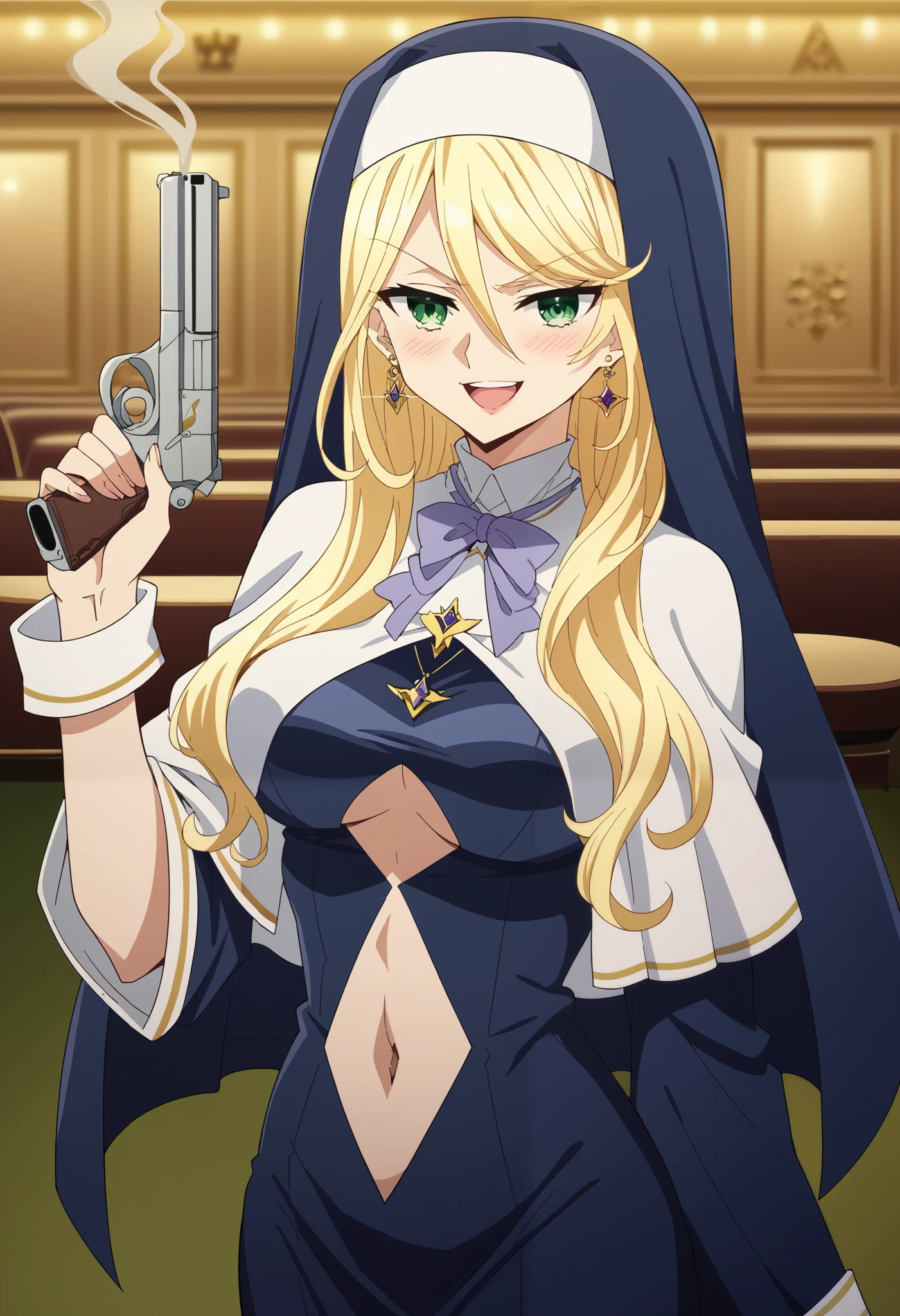 score_9, score_8_up, score_7_up, source_anime, sharon holygrail, long hair, blonde hair, hair between eyes, green eyes,, bow, jewelry, earrings, bowtie, necklace, purple bow, nun, habit, purple bowtie, capelet, white capelet,, indoors, smug, , ear piercing, long hair, blush, lipstick,Hot girl, baddie, smoking, sensual, attractive ,evil smile, blush, lipstick, masterpiece, best quality, highly detailed, a anime girls in long dress with navel cutout posing for a
picture, evil smile, smile, open mouth, (nsfw) not safe for work, revealing dress, beautiful dress center
opening , long dress with bellybutton showing, ecchi anime style, anime girls, ecchi style, ecchi, digital
anime art!!, in anime style, official artwork, visual novel cg, beautiful anime girl, anime style 4 k, exposed
navel, exposed bellybutton, jewelry, earrings, complex detailed background, casino environment, fancy
interior environment, rich interior, holding a gun, holding pistol,