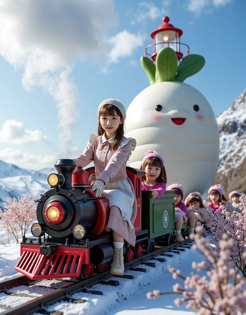 ultra-realistic, photorealistic, dramatic scene, shadow, global-illumination, solo, (20 years old Japanese famous idol girl), very beautiful fragile Japanese girl, very beautiful with very cute face, (modern maid, detailed face skin texture), (wearing a cute colored maid outfits with winter jacket and glove with knit cap), She is driving the miniature steam locomotive train, some kindergarteners are riding on the train with smile, in front of the huge daikon radish shaped lighthouse on the cliff, at the deeply snow covered scenic railroad, (amazing view of ocean with a daikon radish painted lighthouse), lighthouse\(large, very cute white daikon radish character, very cute smiled face, chubby, green leaves on the top, medium-long, full body, small hands\), professional lighting, warm winter sunshine, she looks so happy,