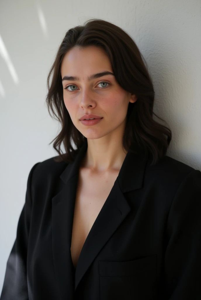 Portrait of a 23 yeras old european woman with soft facial features and with dark brown hair, smiling, dark blue eyes, and a squared face shape, detiled face, she has a medium breast size, imperfect skin, gazing confidently at the camera. She is wearing an oversized black blazer with a minimalist, sensual aesthetic. The image is set against a textured white wall that enhances the simplicity and sophistication of the scene. The lighting is soft and diffused, creating subtle shadows that highlight her facial features and add depth to the composition. Captured using a Sony Alpha 7R IV camera, the image emphasizes the subject's captivating expression and the interplay of light and shadow, creating an intimate and refined mood.