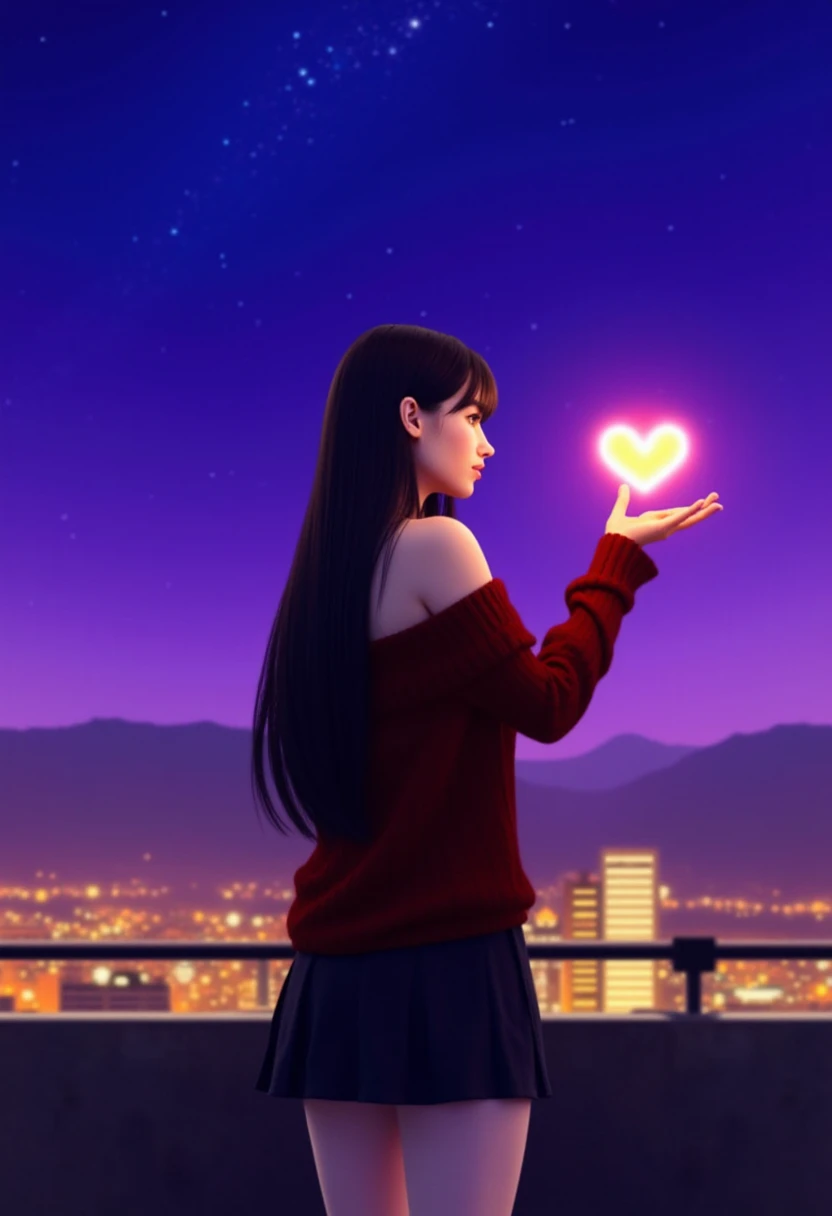 Full shot of a woman with her back to the camera, standing on a rooftop overlooking a city at dusk or night. The woman has long, dark hair, and is wearing a dark red off-the-shoulder knit sweater and dark miniskirt. Her posture is relaxed, with her arms slightly extended, and she is looking out at the cityscape. The background is a vibrant, deep purple-blue colored sky, filled with many small, scattered stars, giving a magical, dreamy effect.  A small, glowing heart-shaped light is formed in mid-air, held in the woman's raised right hand, highlighting the romantic and evocative mood created by the scene. The city lights are out-of-focus but still visible in warm, yellowish hues, depicting a vibrant cityscape. A railing or a low barrier is visible on the rooftop where the woman is standing, separating her from the area below. The overall tone of the image is softly lit and dreamy, particularly focused on the color palette of the sky and the glow of the heart and city lights, emphasizing a sense of peace and romance.