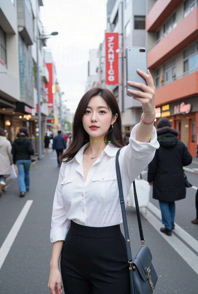 minidress, hotpants, standing with stylish, long black bangs hair, glare expression, holding iphone, smile, staring intently, polish nails, at the bridge, beautiful face, masterpiece